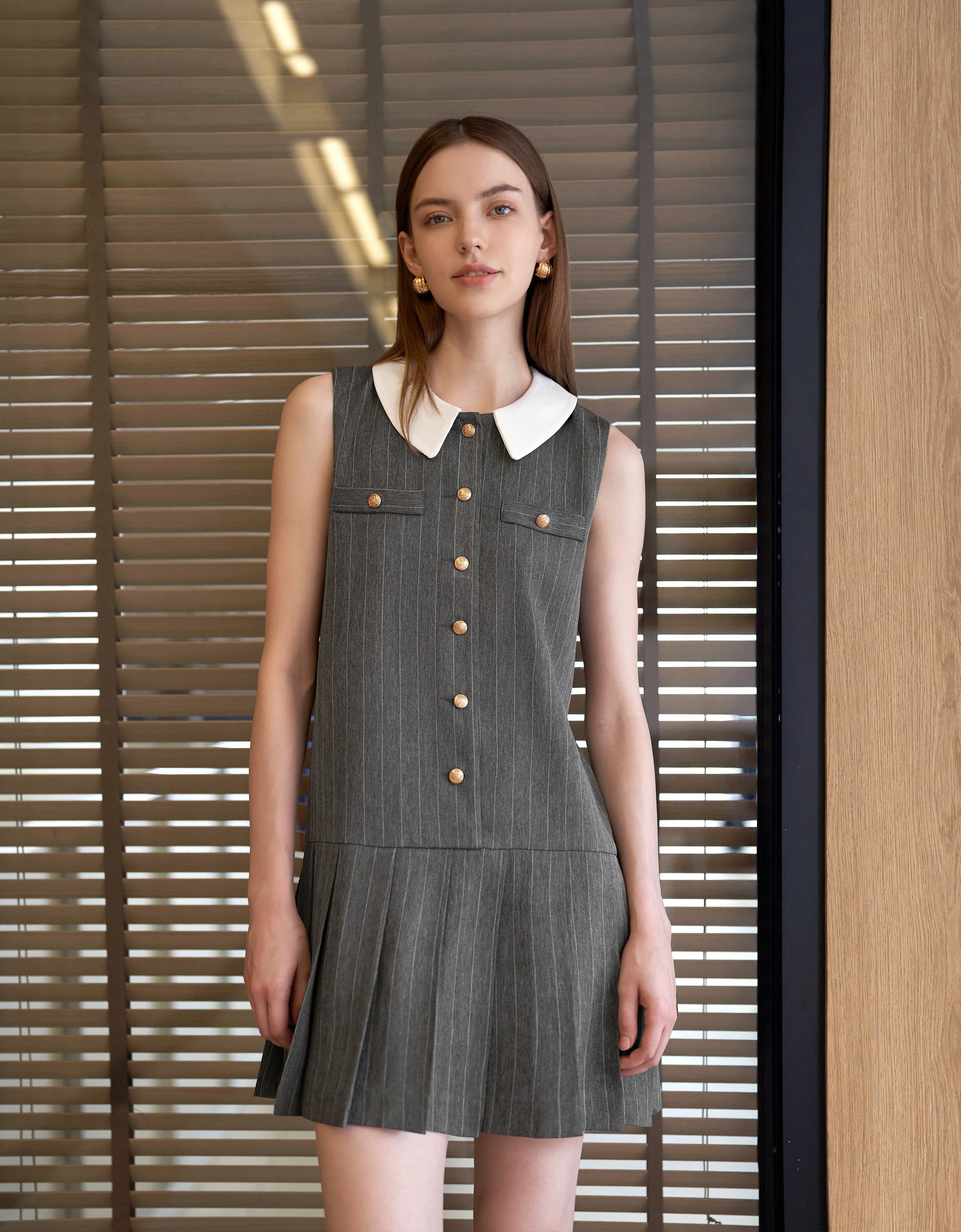 Detachable Collar Stripe Pleated Dress - Image 18