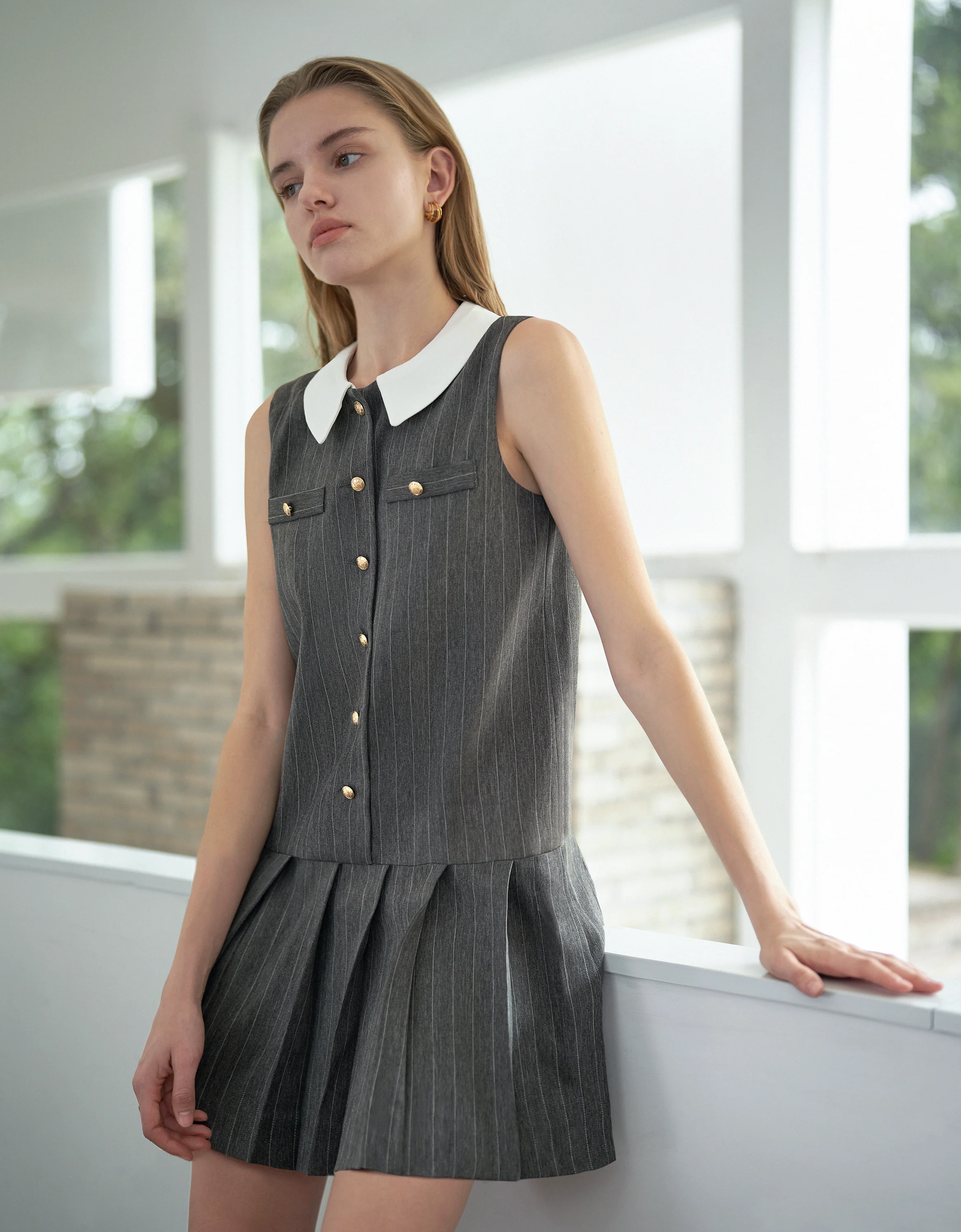 Detachable Collar Stripe Pleated Dress - Image 20