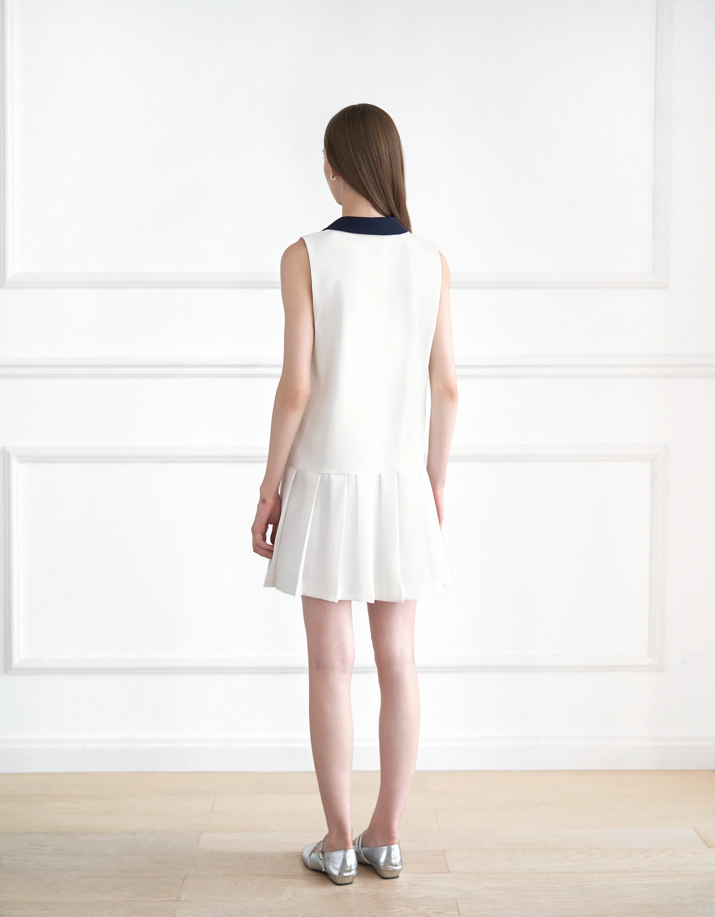 Detachable Collar Stripe Pleated Dress - Image 3