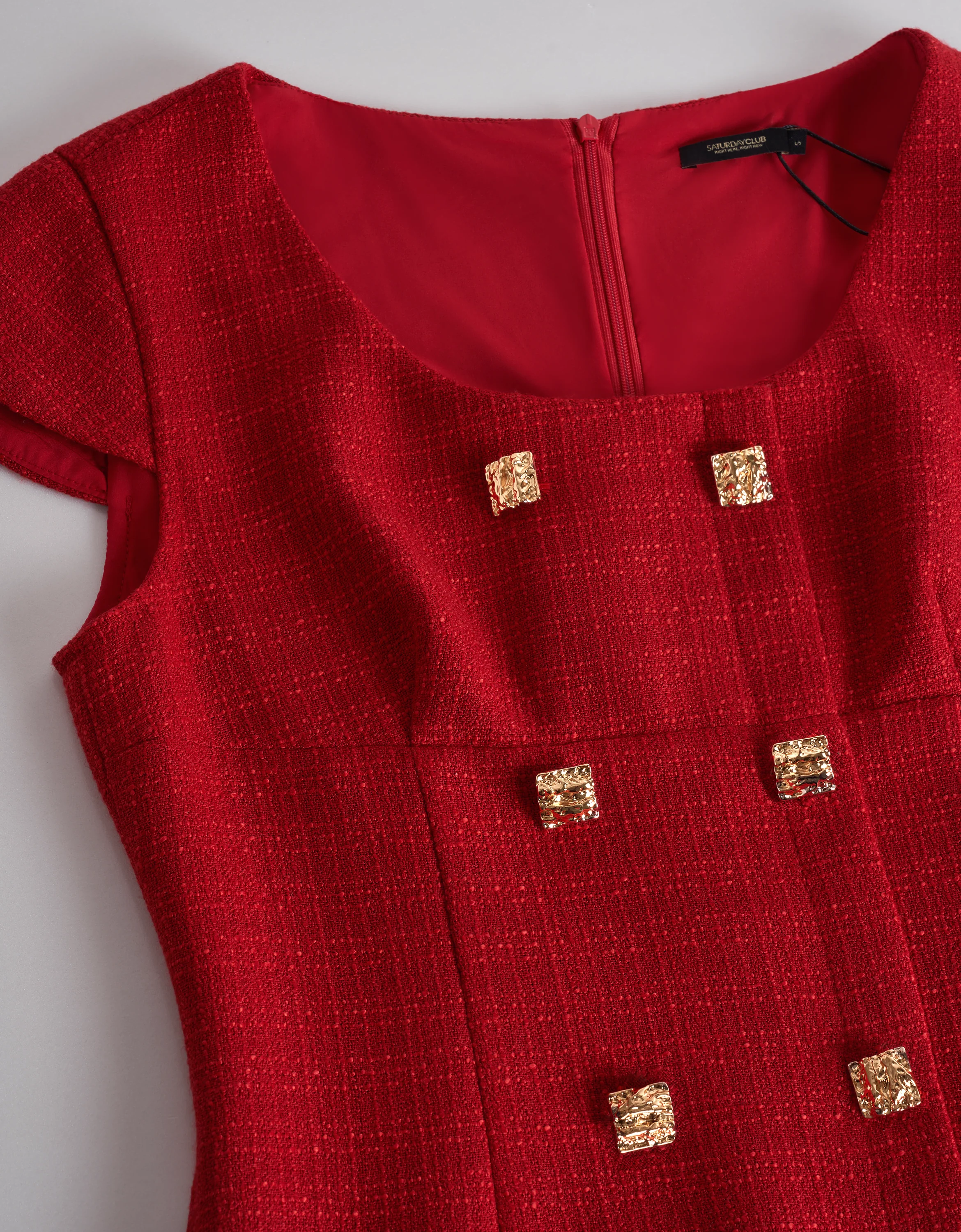 Double-breasted U-neck Cap Sleeve Tweed Dress - Image 5