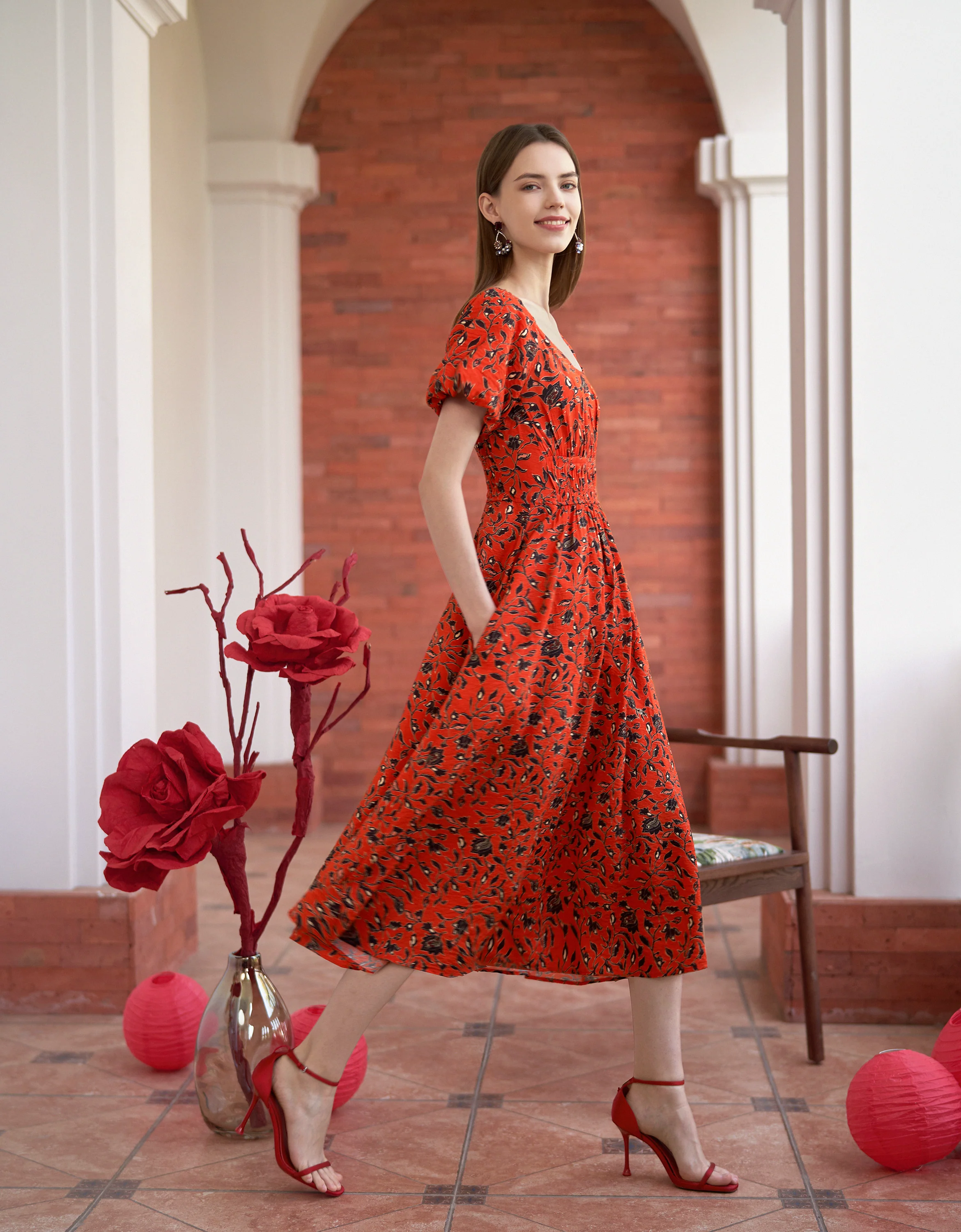 Elastic Waist Floral Print Midi Dress - Image 3