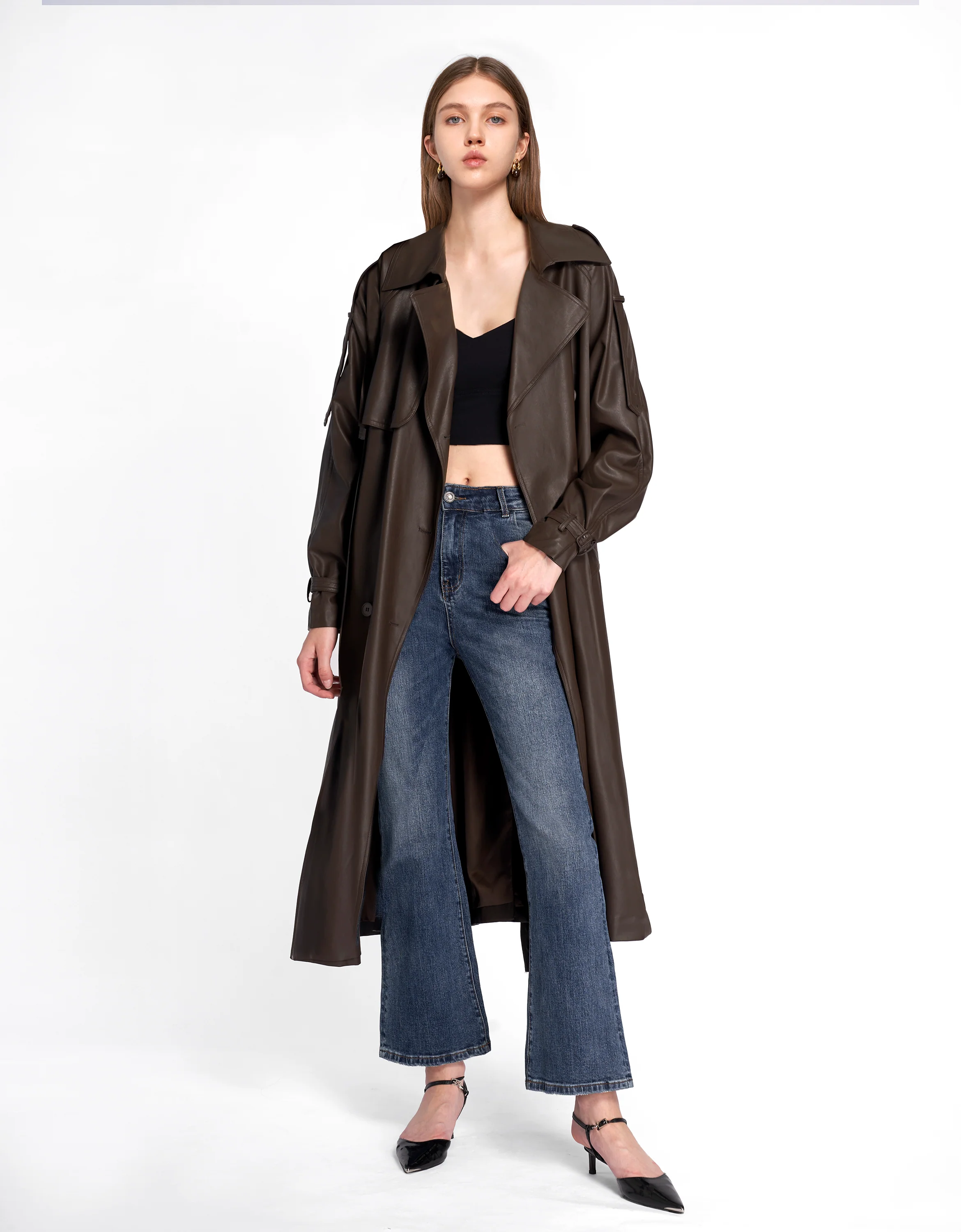 Faux Leather Double-breasted Trench Coat - Image 7