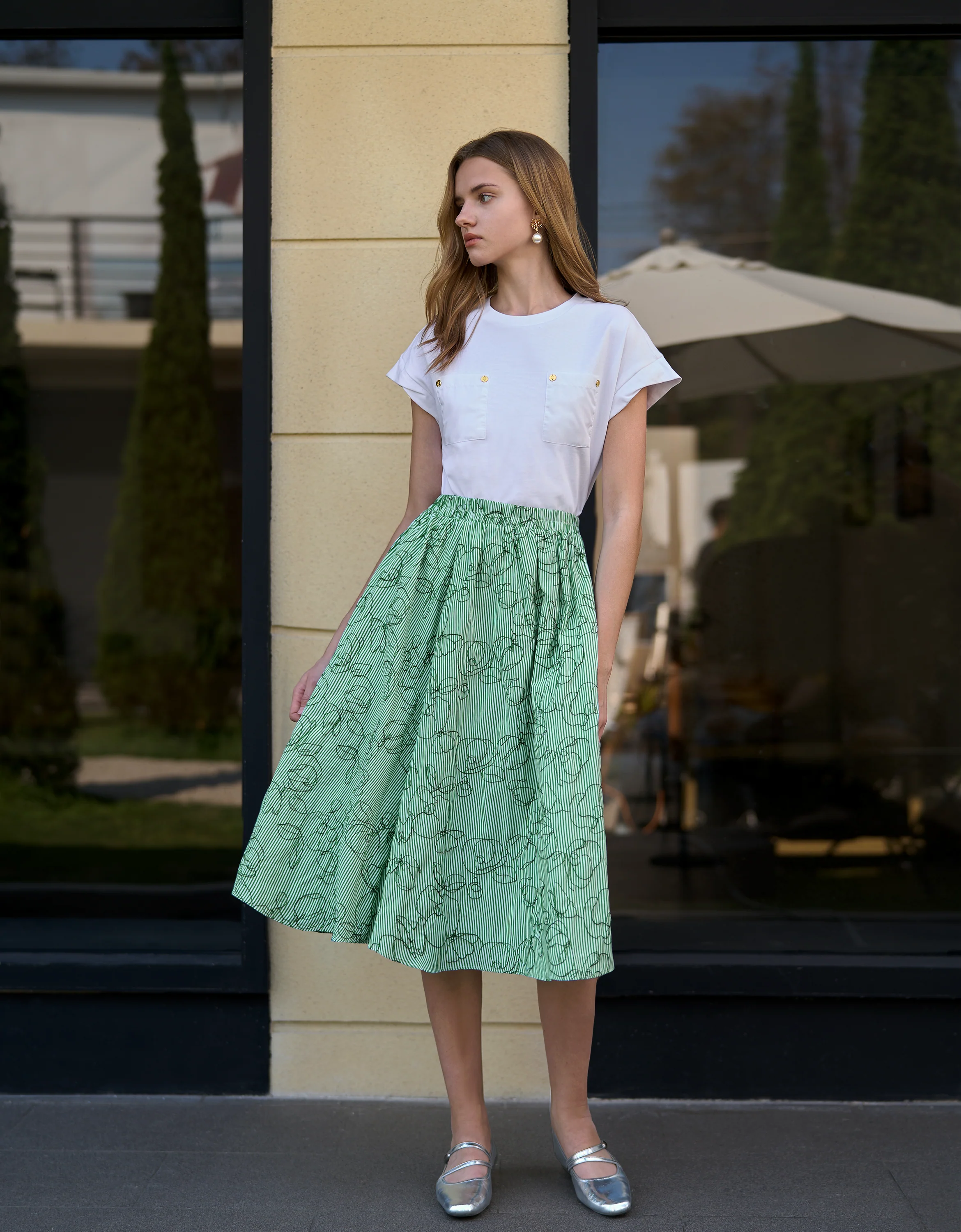 Floral Embroidery Striped Midi Skirt - Image 3