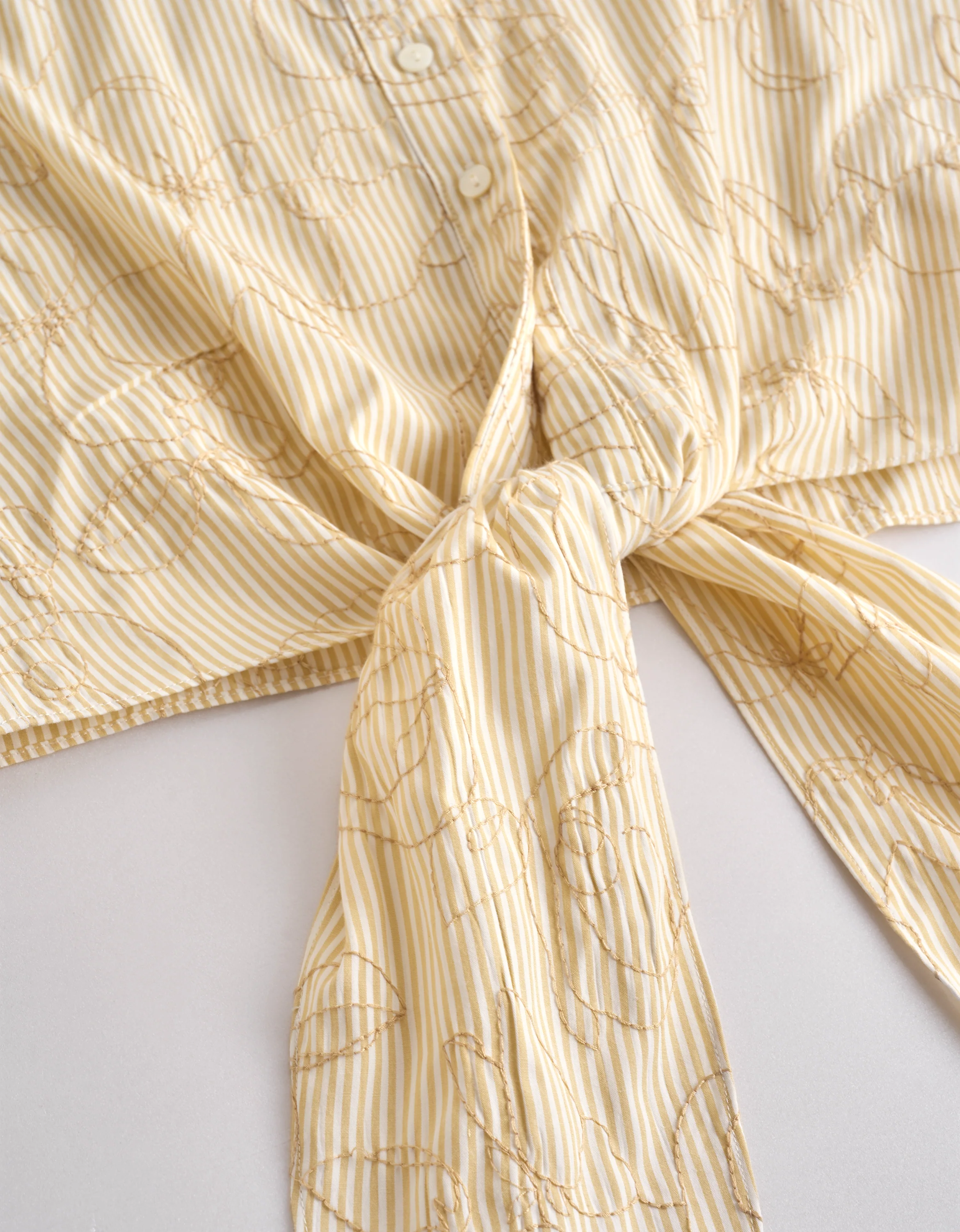 Floral Embroidery Waist Knot Striped Top - Image 16