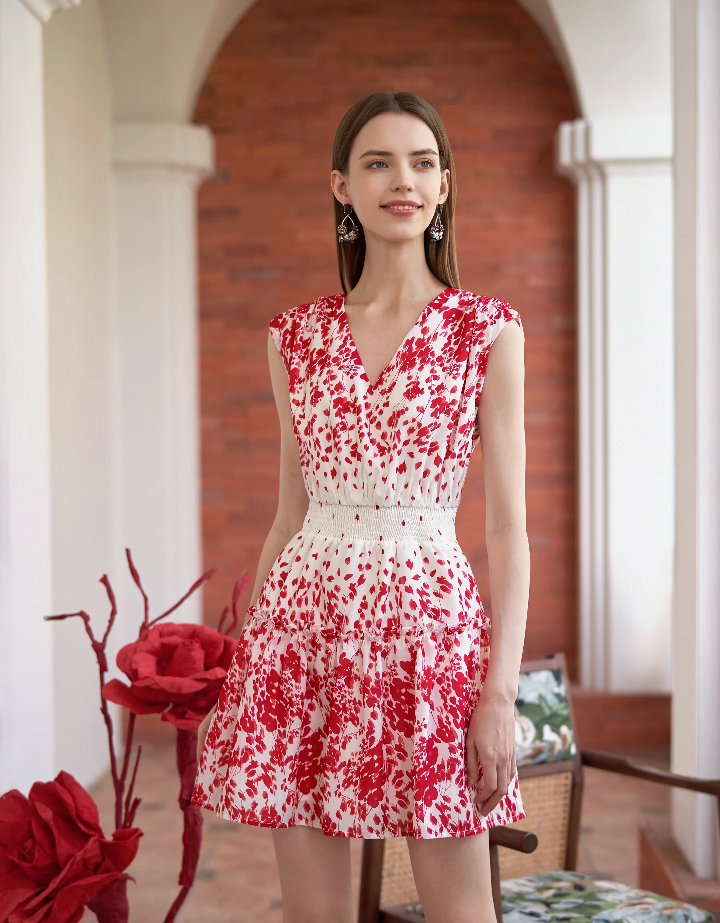 Floral Print Elastic Waist Sleeveless Dress