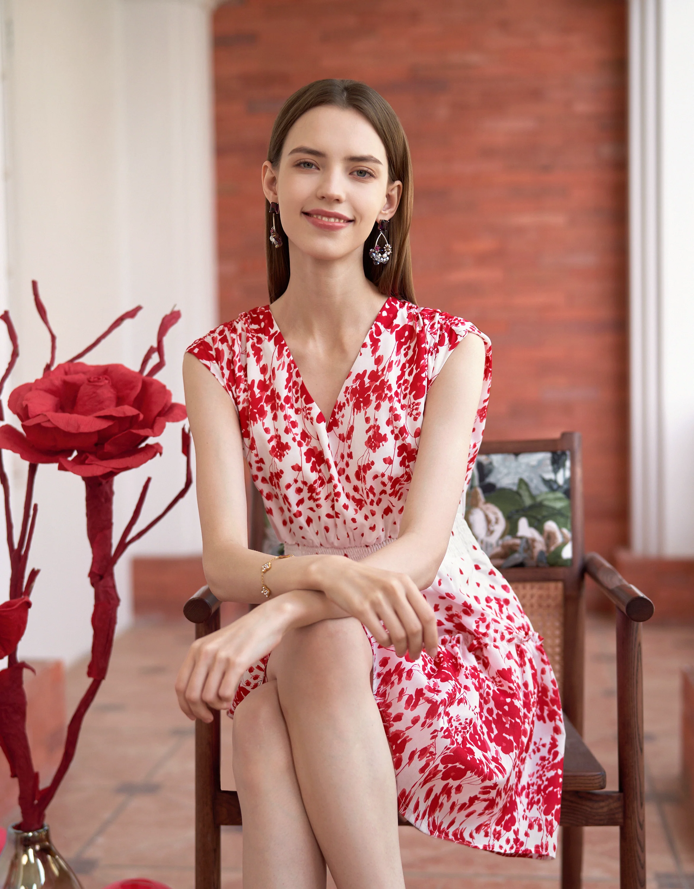 Floral Print Elastic Waist Sleeveless Dress - Image 4