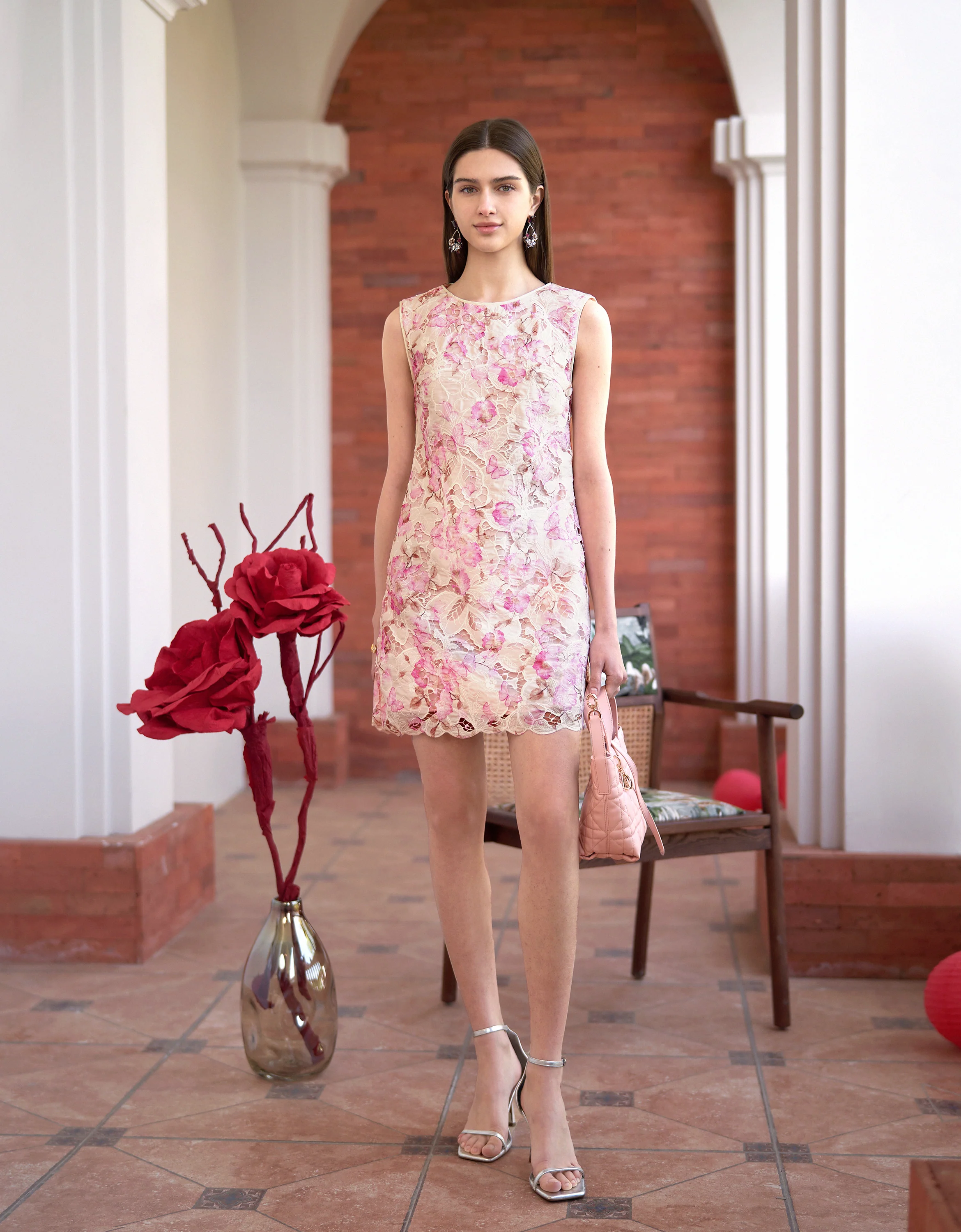 Floral Print Embroidered Sleeveless Dress - Image 4