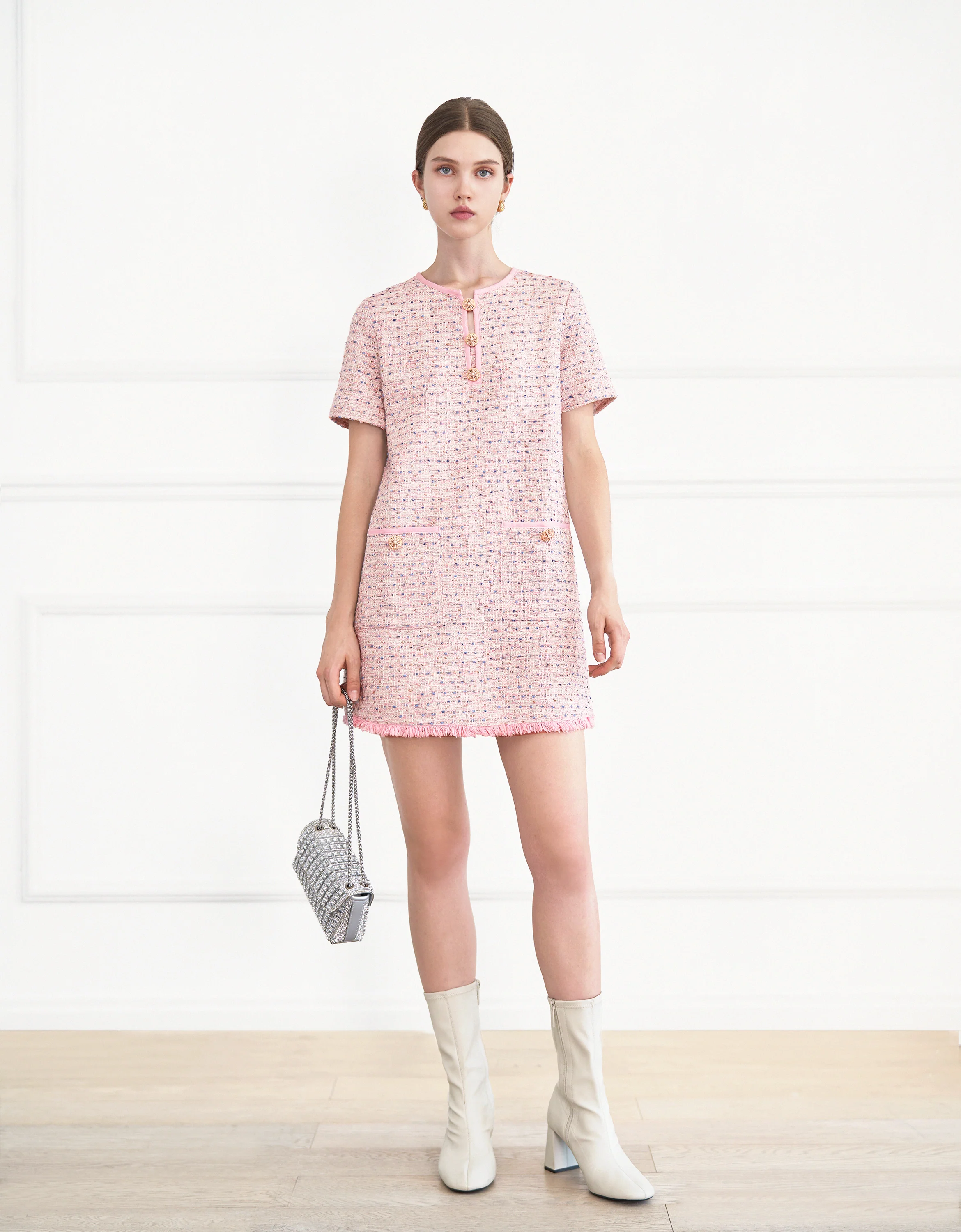 Fringe Hem Short Sleeve Tweed Dress - Image 4