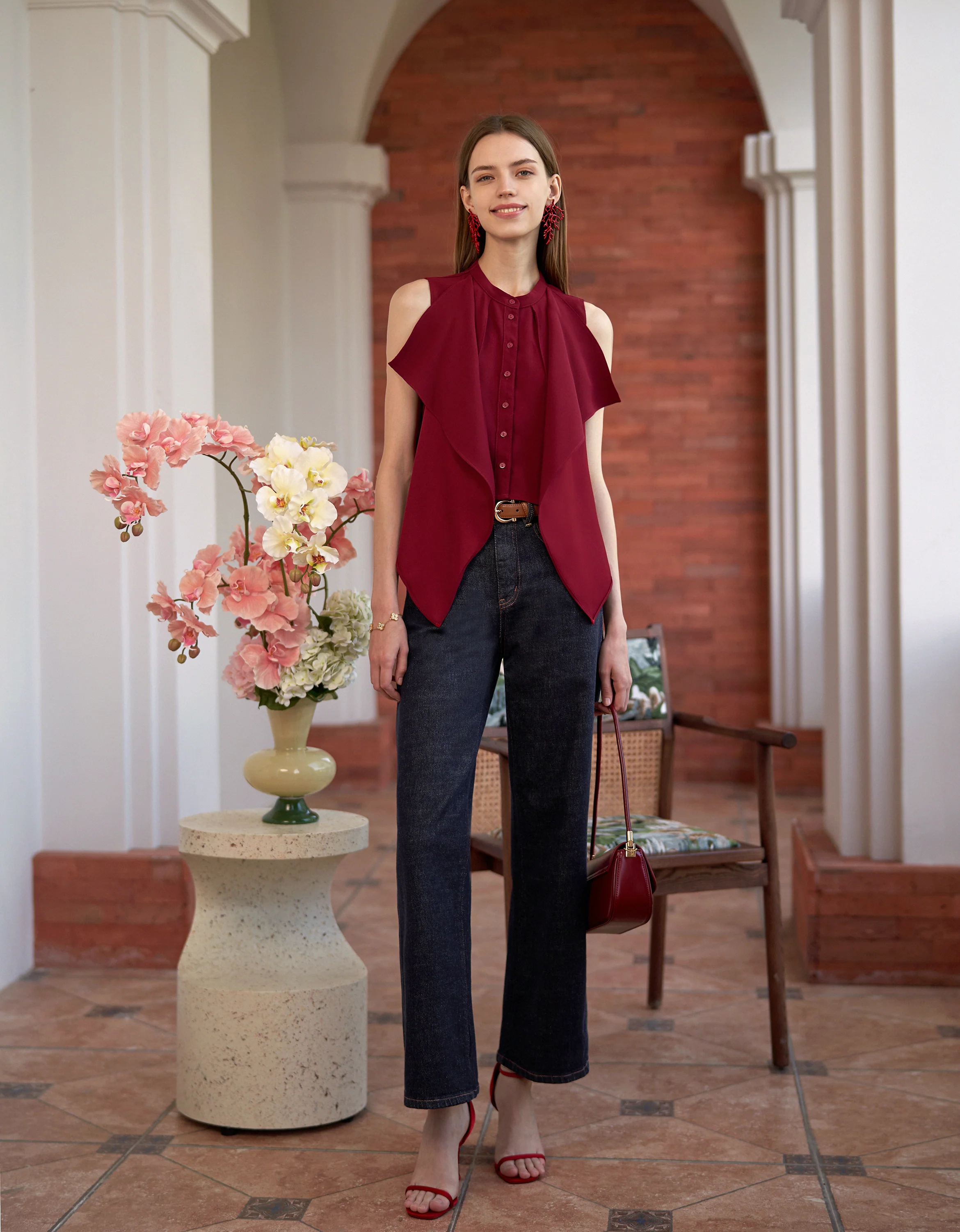 Front Ruffle Stand Collar Top - Image 4