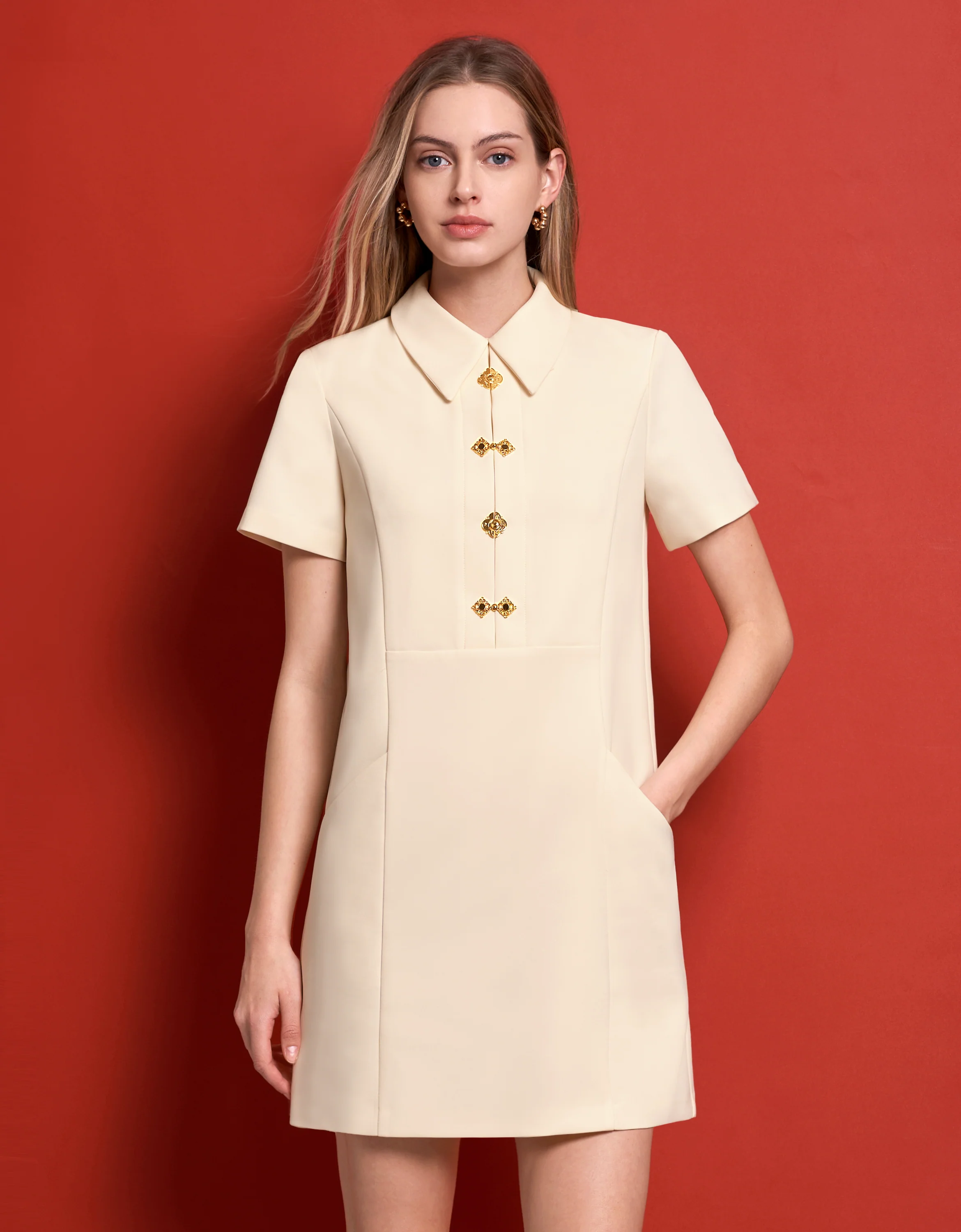 Intricate Button Collared Shift Dress - Image 25