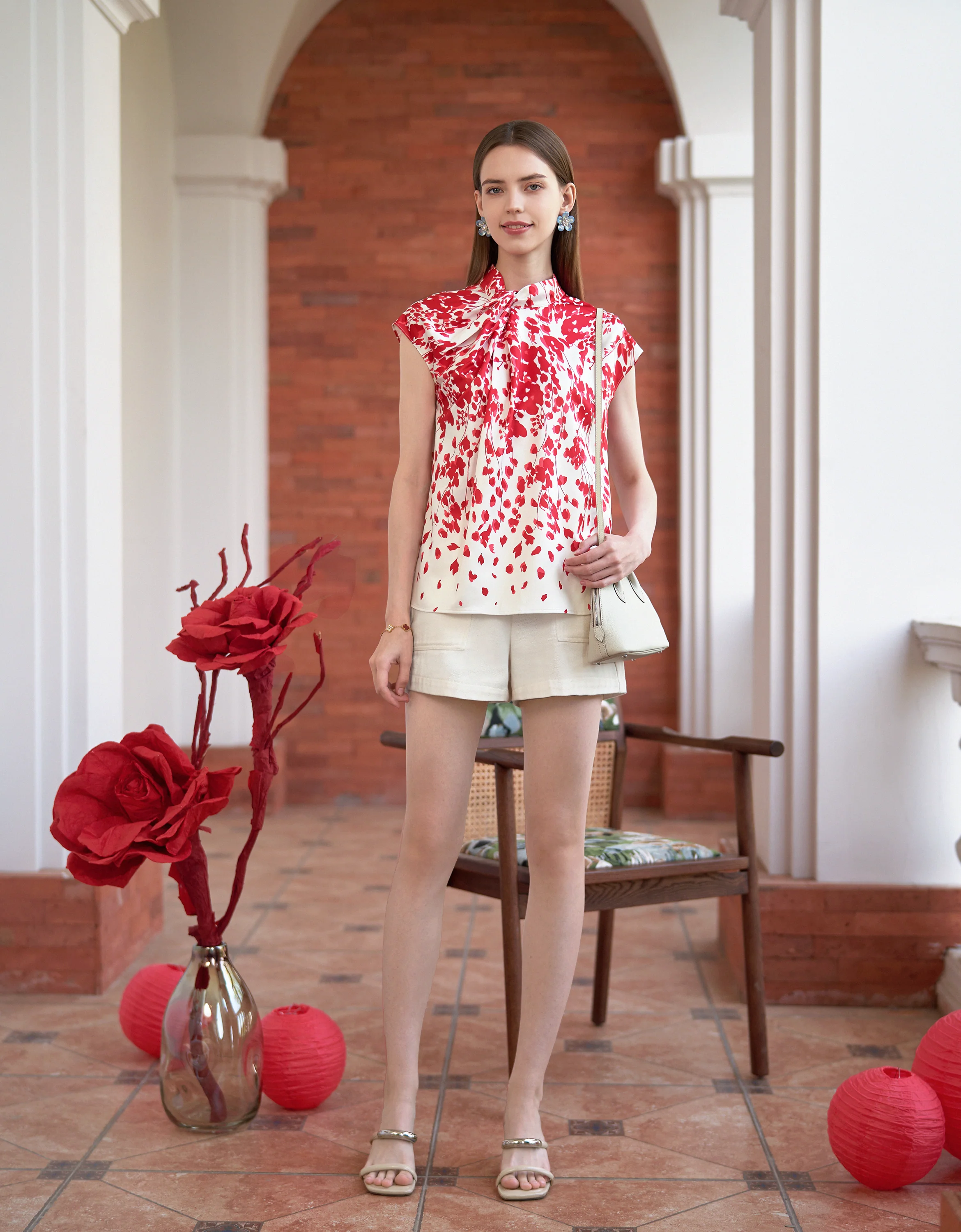 Knot Collar Floral Print Top - Image 2