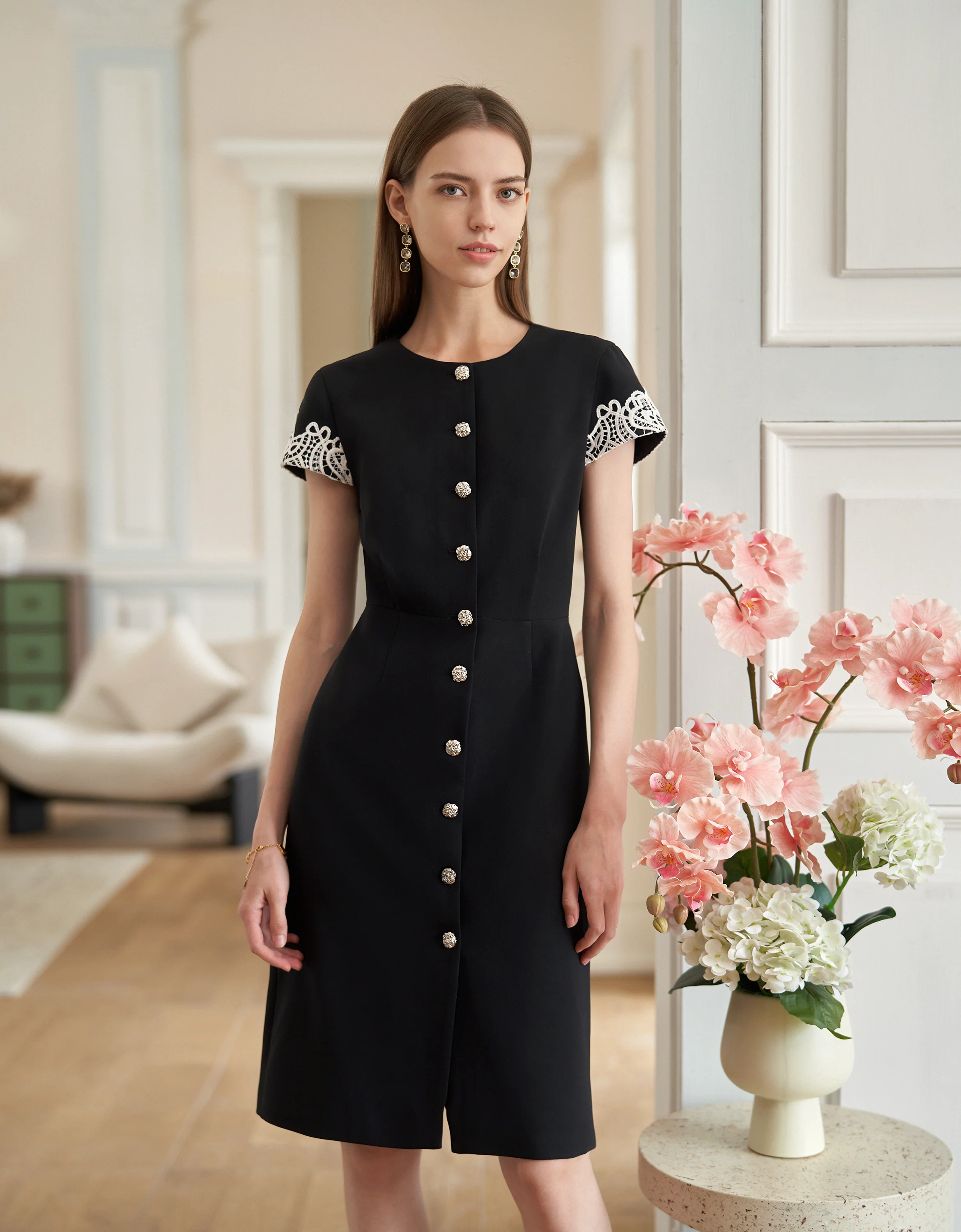Lace Trims Button Front Midi Dress