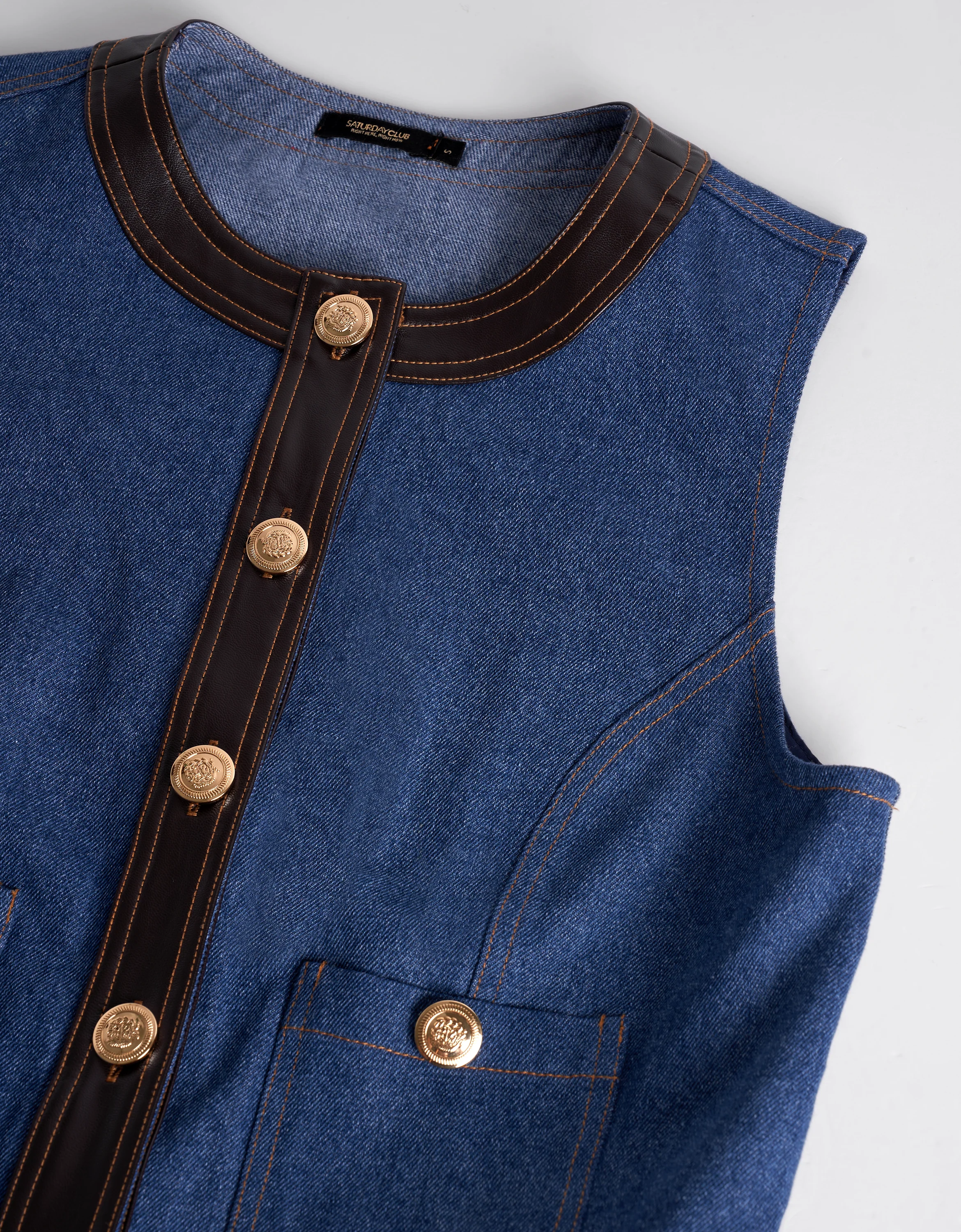 Leather Detail Denim Vest - Image 7