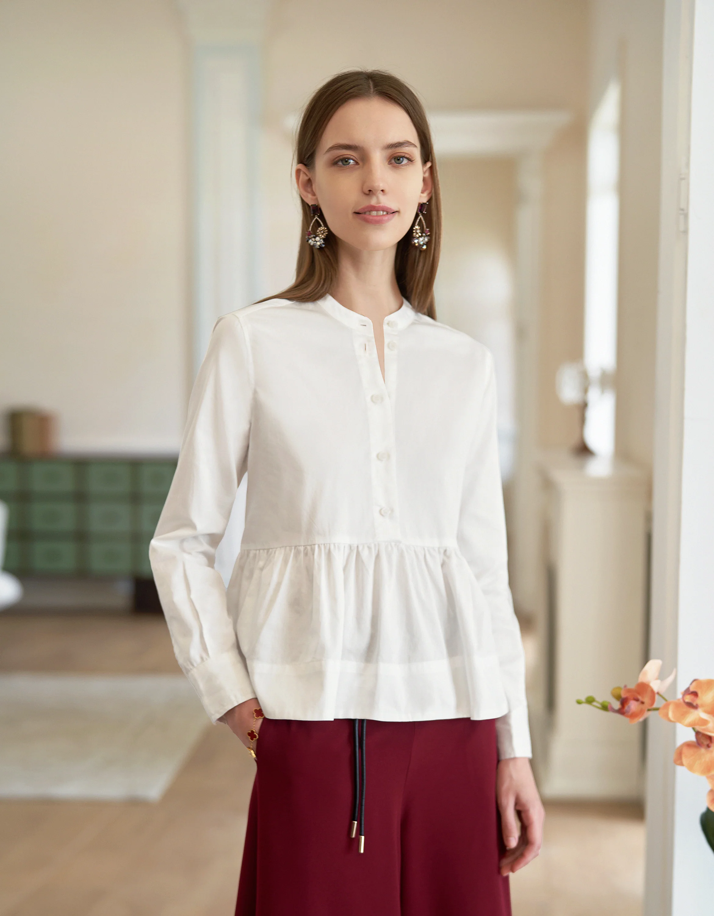 Long Sleeve Stand Collar Ruffled Hem Top - Image 2