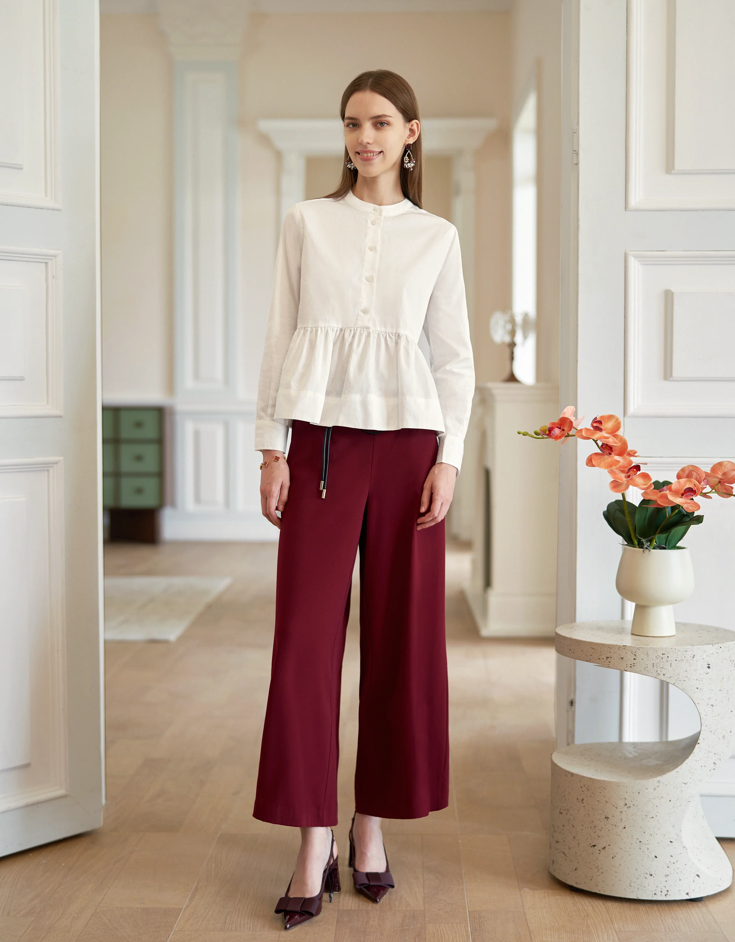 Long Sleeve Stand Collar Ruffled Hem Top - Image 3
