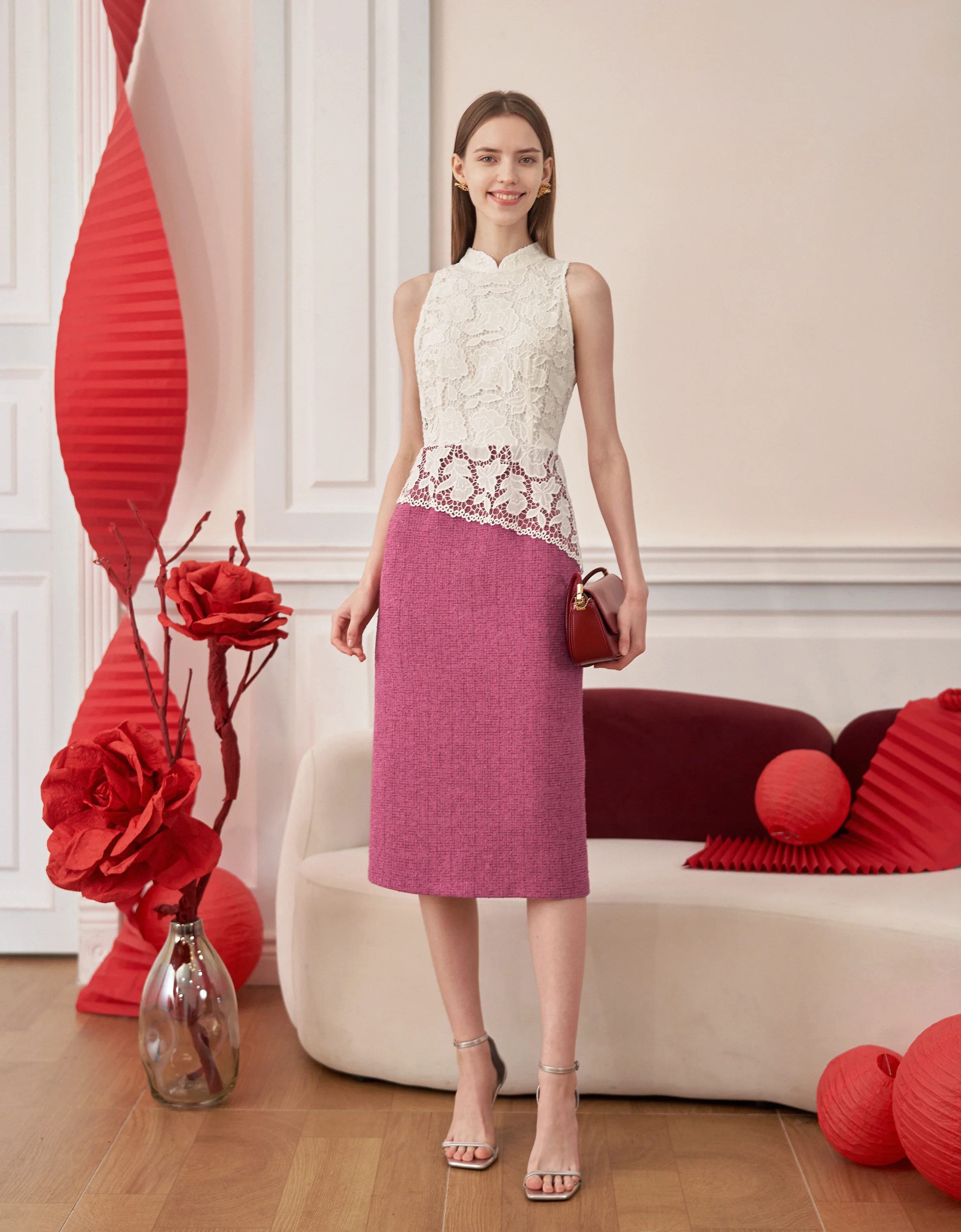 Mandarin Collar Colorblock Lace Top Midi Dress