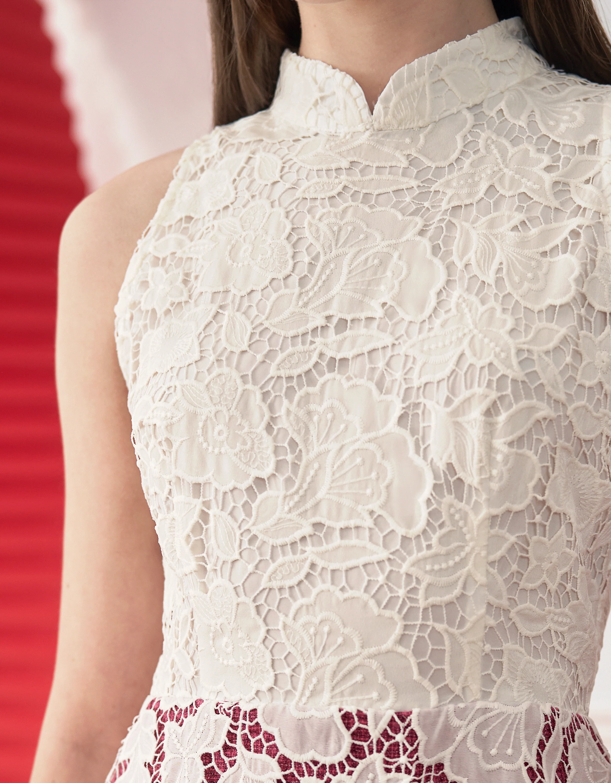 Mandarin Collar Colorblock Lace Top Midi Dress - Image 6