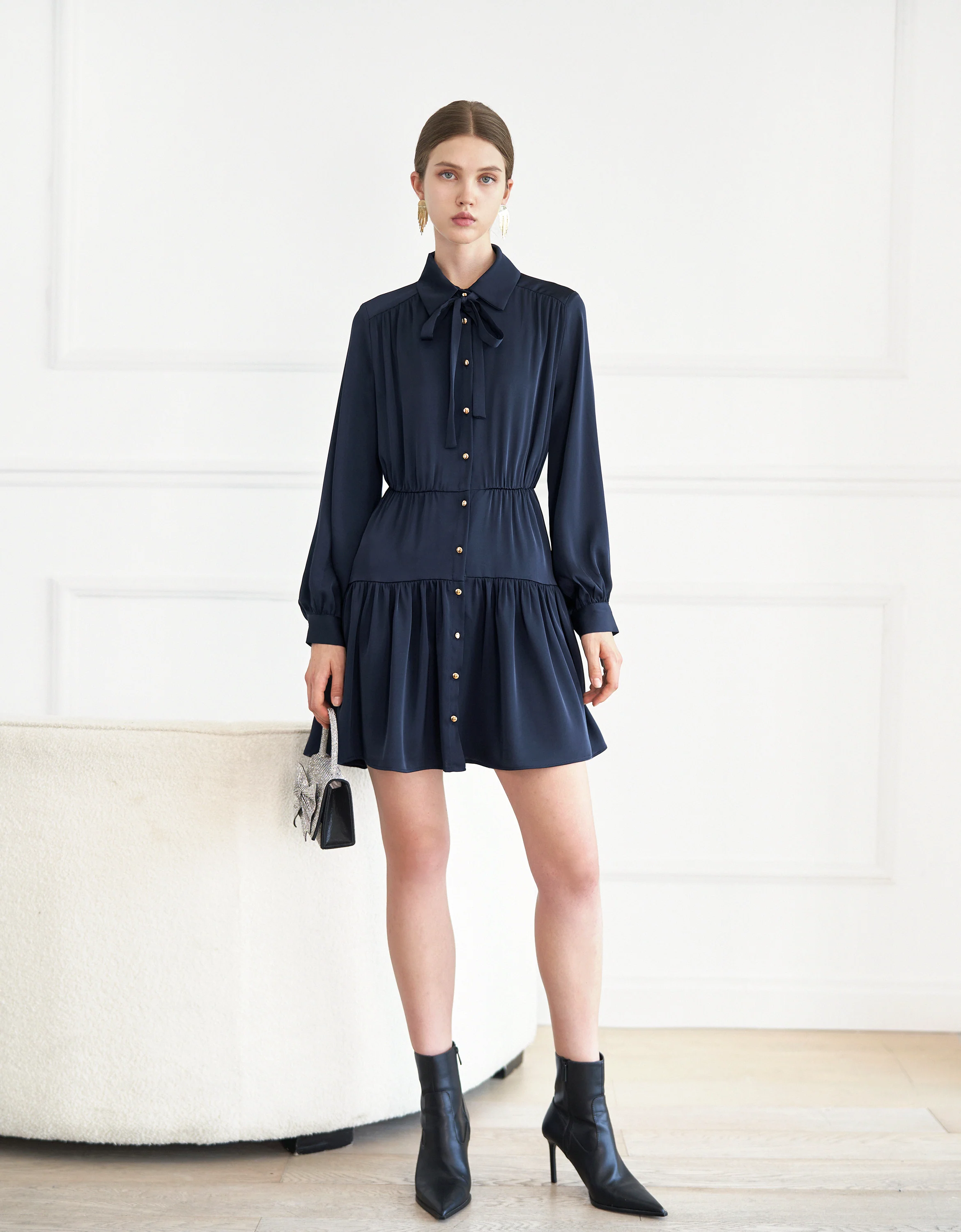 Neck Tie Long Sleeve Shirt Dress - Image 6