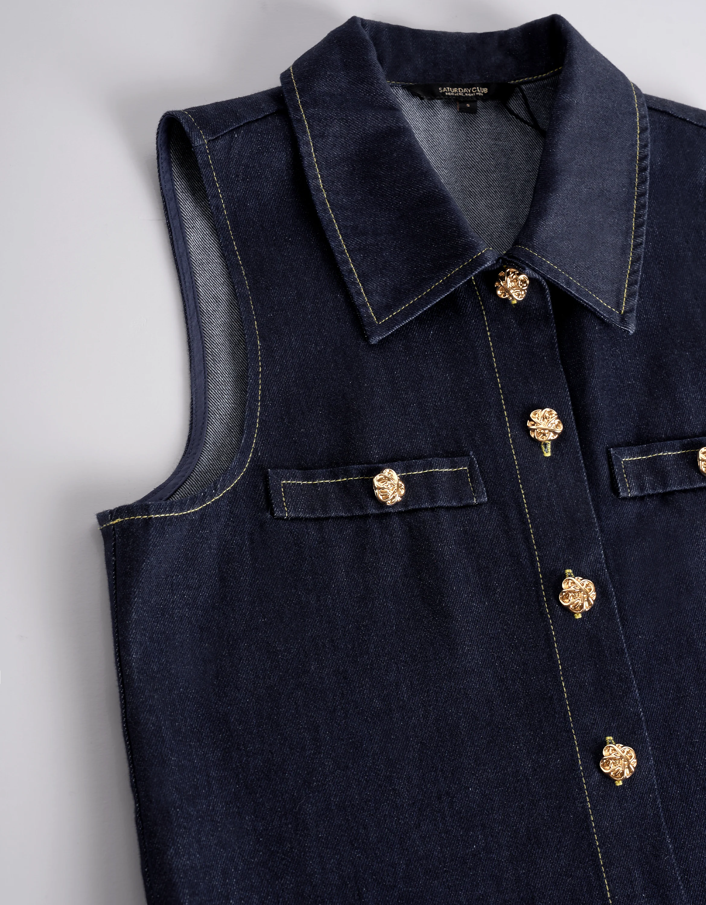 Pleated Hem Sleeveless Denim Shirt Dress - Image 7