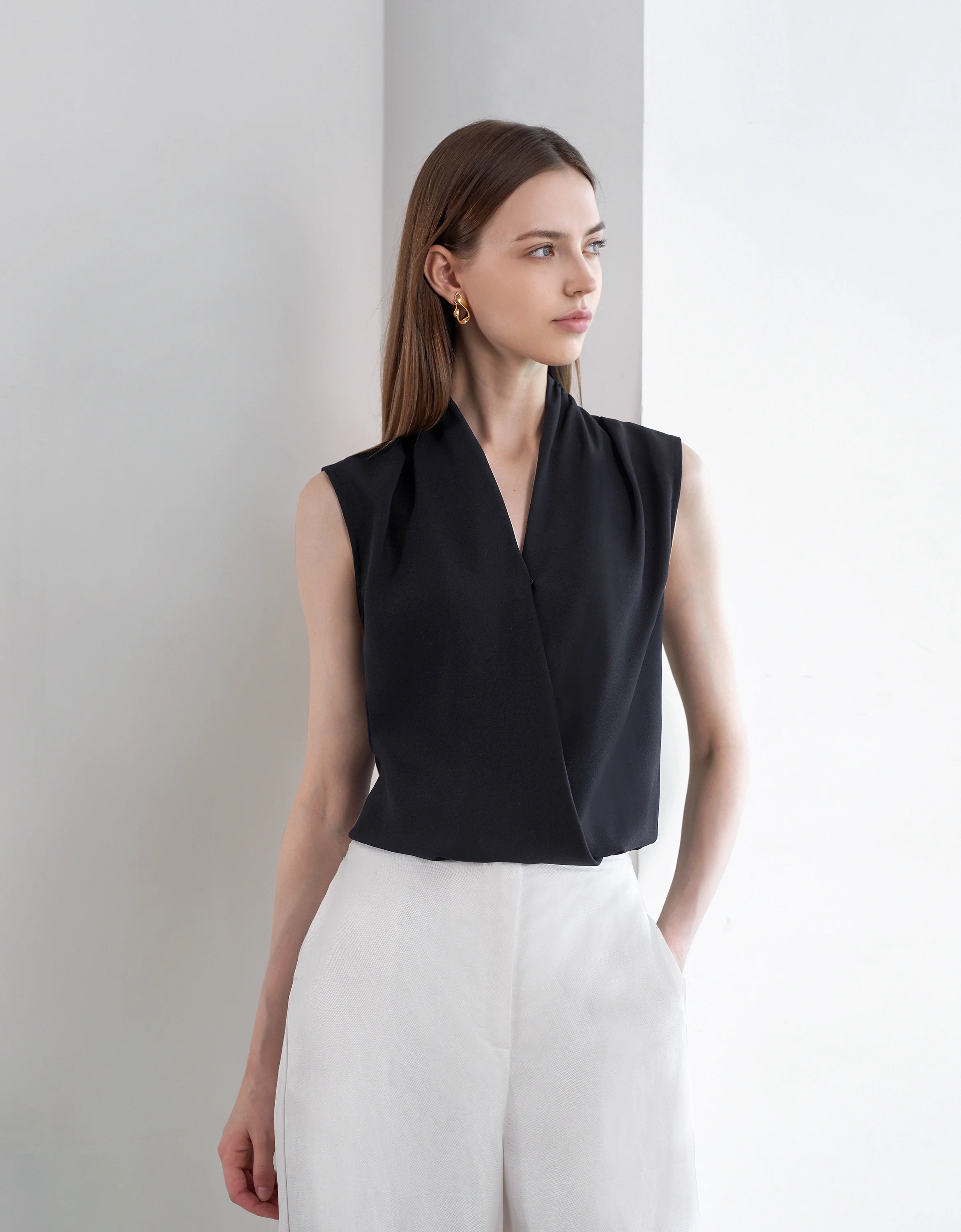 Pleated Shoulders V-neck Top - Image 8