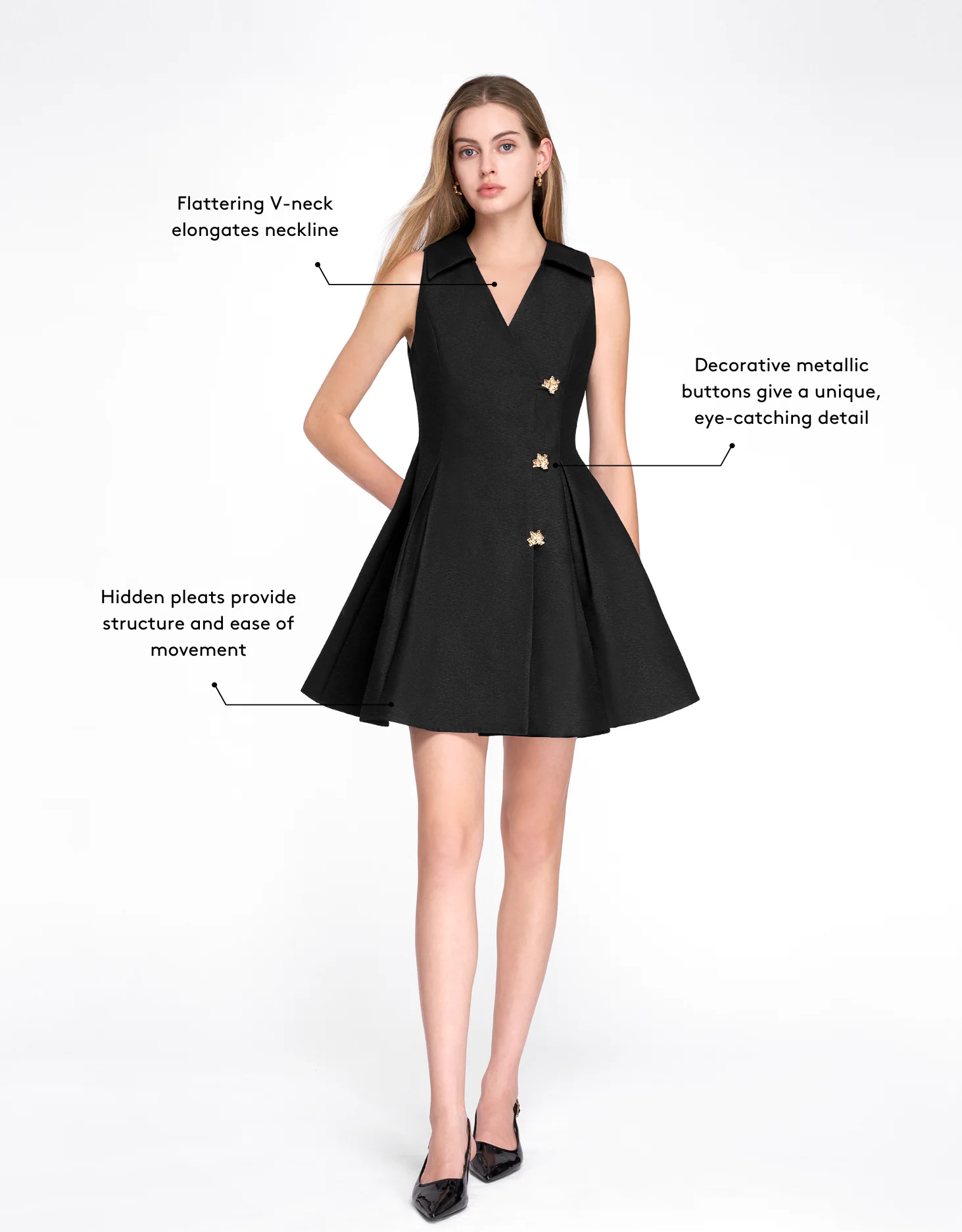 Pleated Skirt V-Neck Dress - Image 3