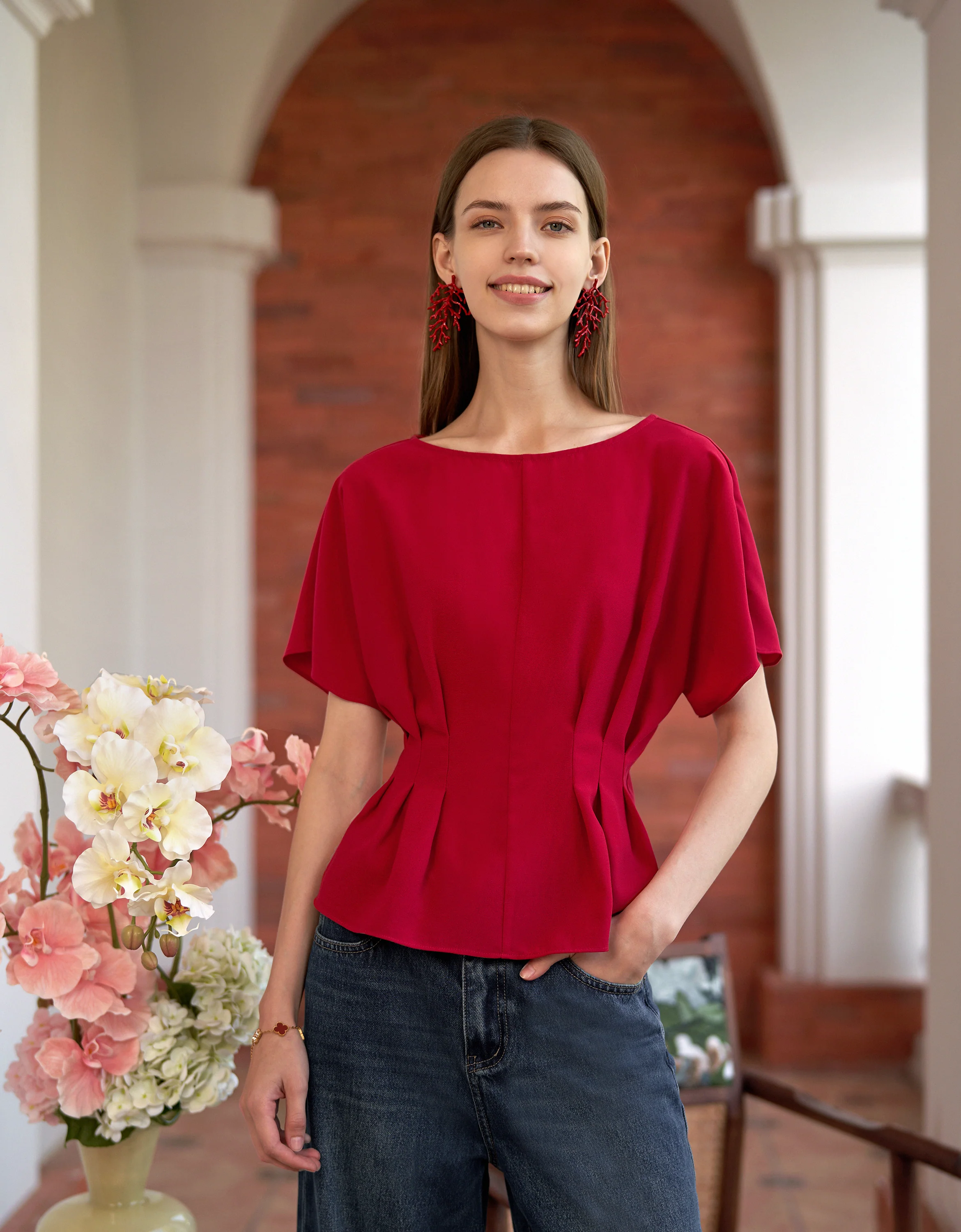 Pleated Waist Round Neck Short Sleeve Top