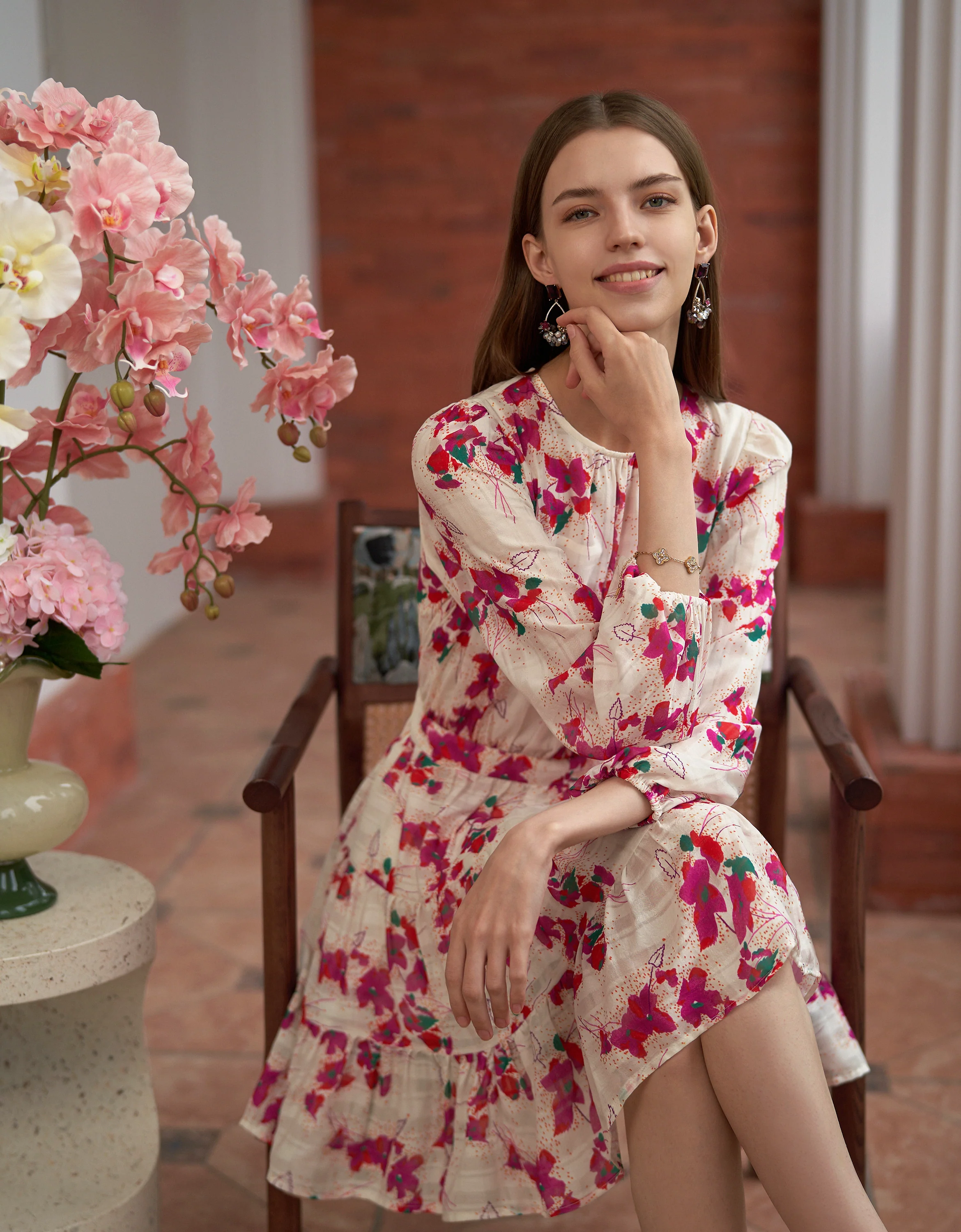 Round Neck Long Sleeve Tiered Floral Dress