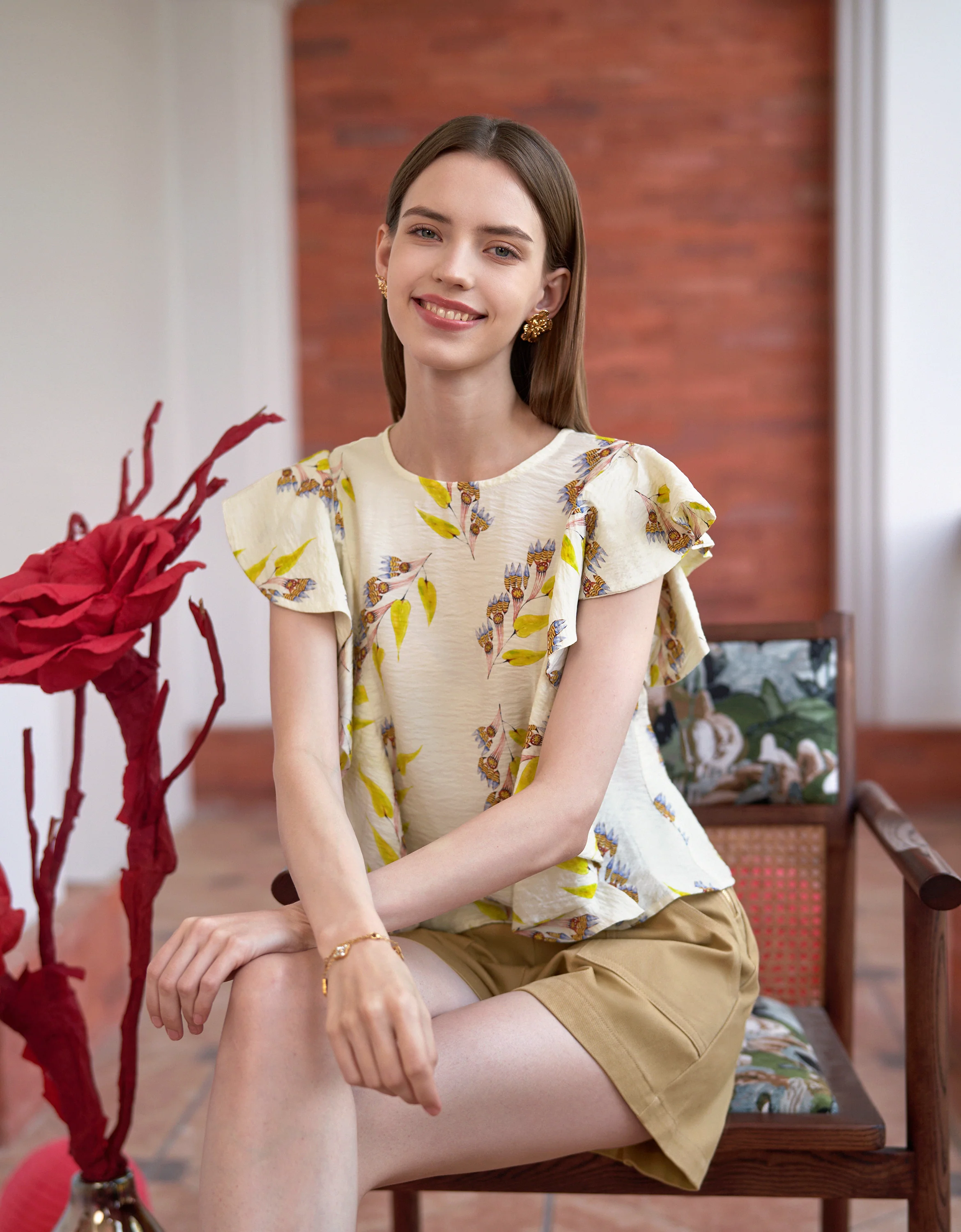 Round Neck Ruffle Sleeve Printed Top - Image 4