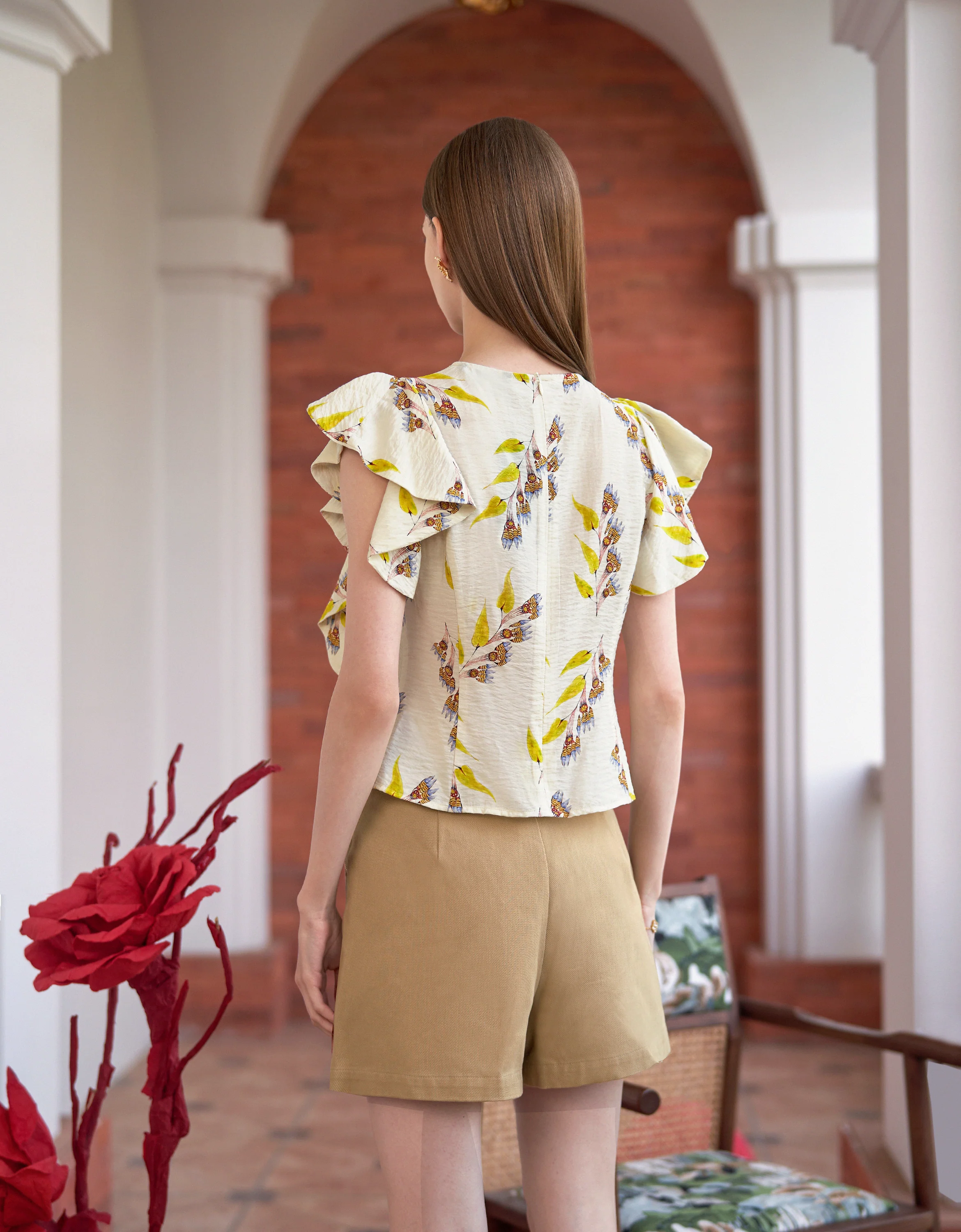 Round Neck Ruffle Sleeve Printed Top - Image 7