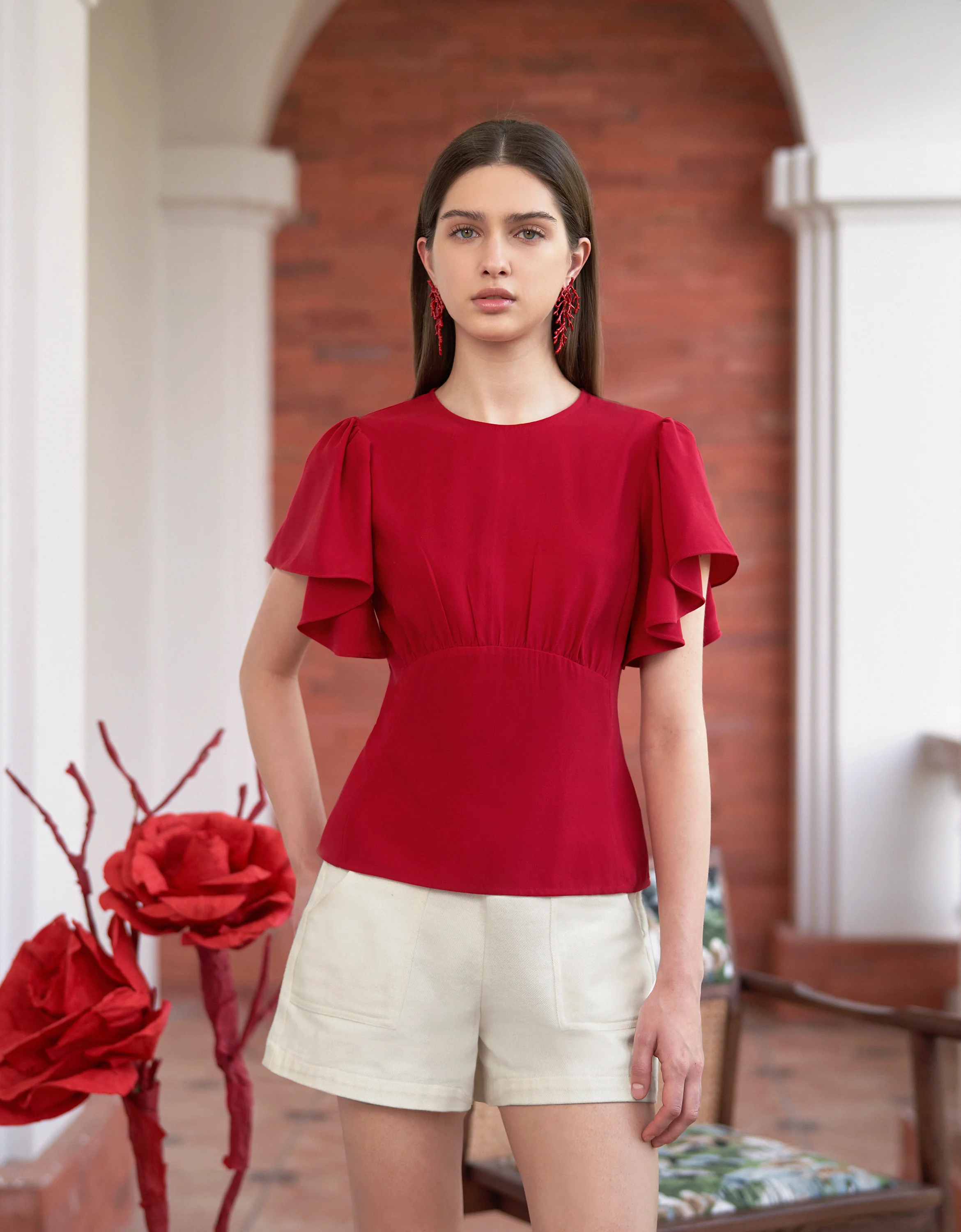 Round Neck Ruffle Sleeve Top