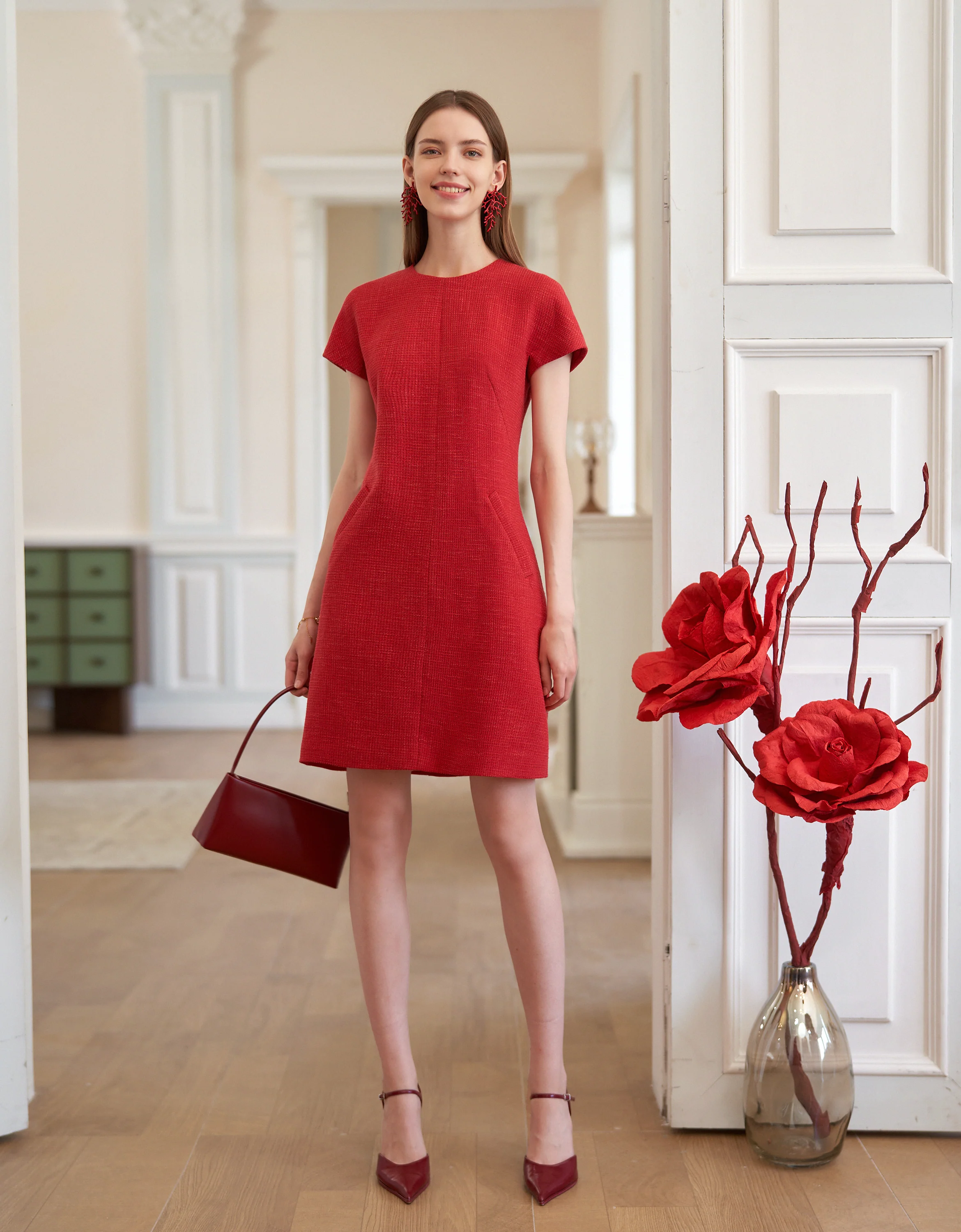 Round Neck Short Sleeve Tweed Dress - Image 2