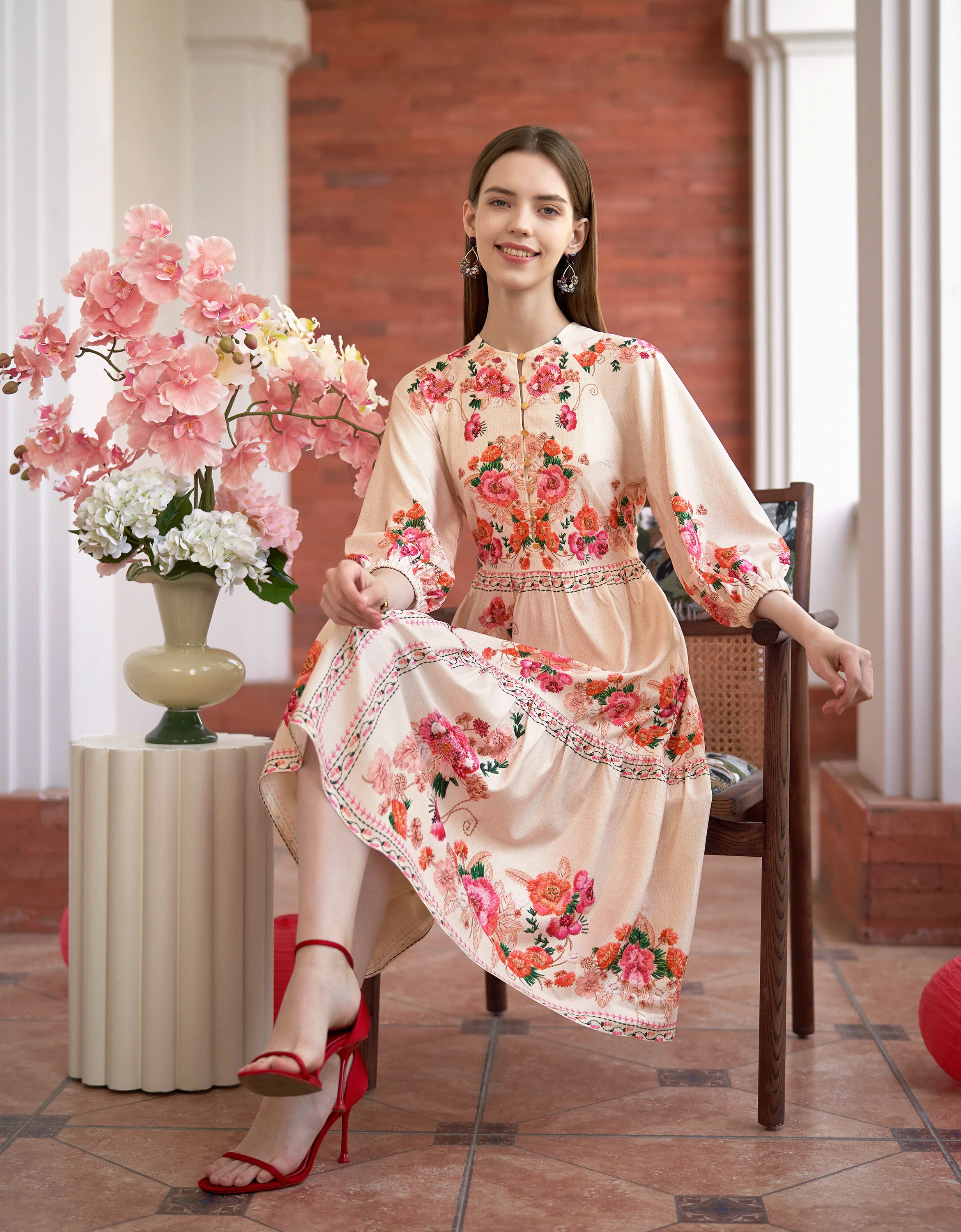 Round Neck Tiered Skirt Floral Print Dress - Image 4