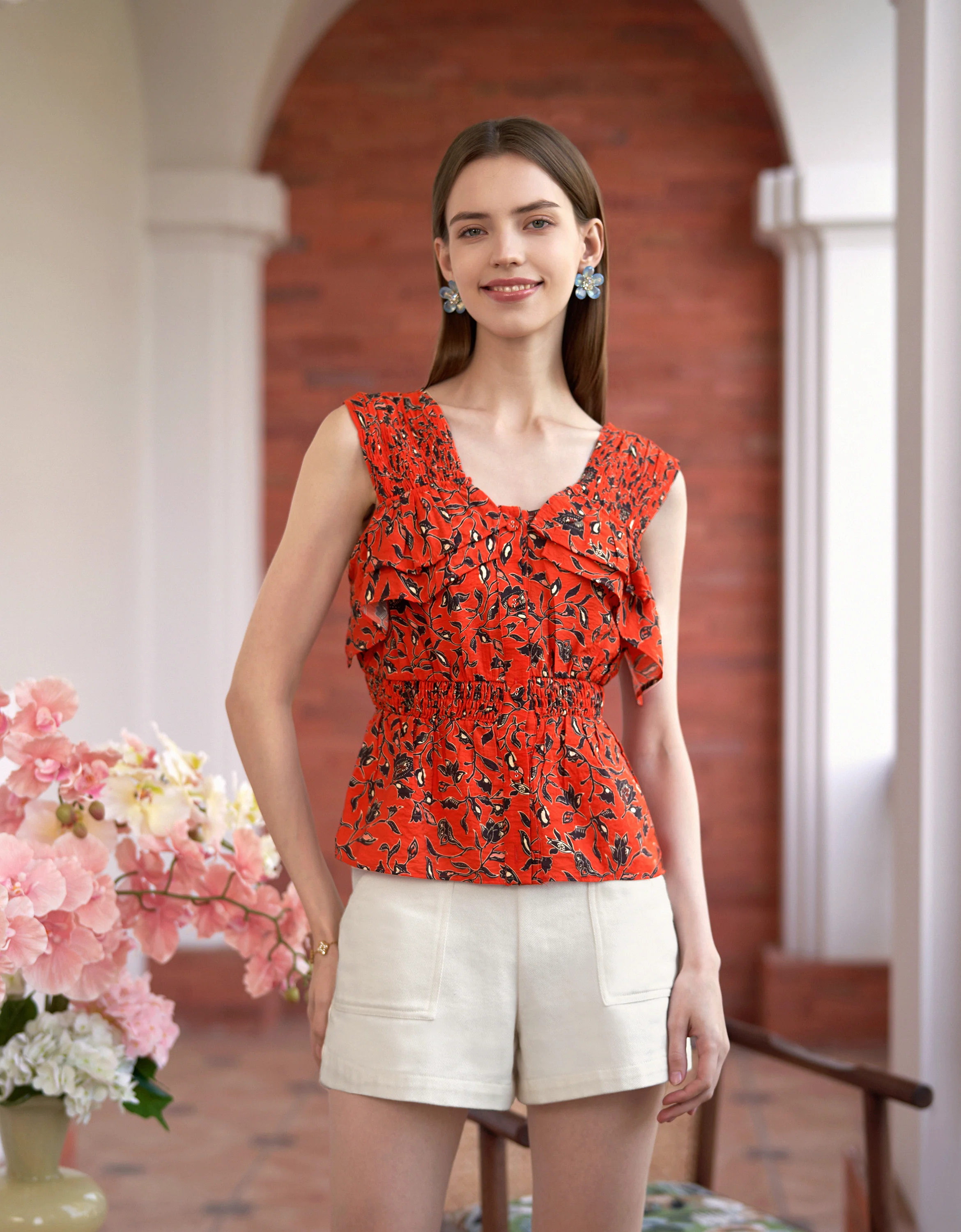 Ruffled Detail Elastic Waist Printed Top