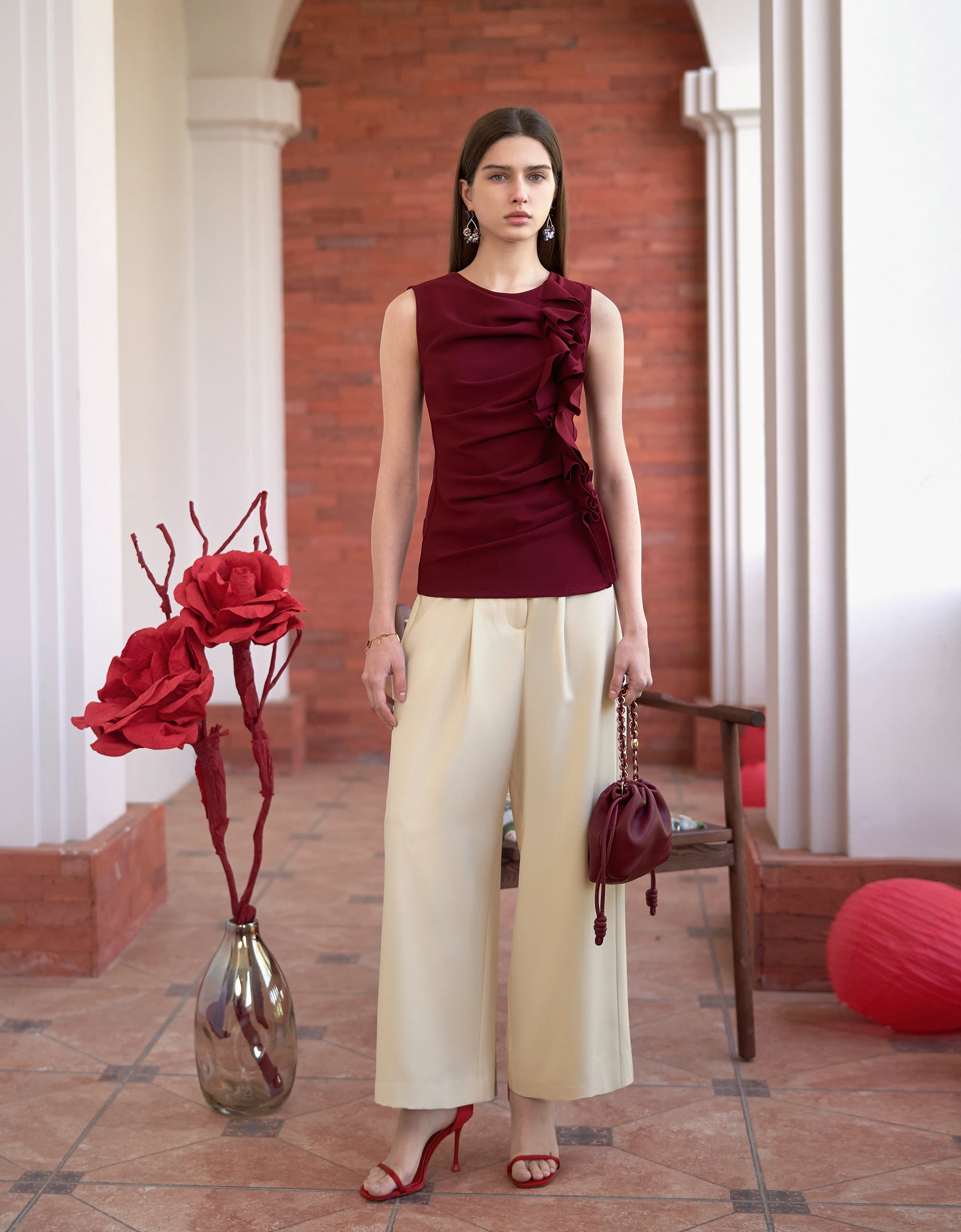Ruffled Front Round Neck Sleeveless Top - Image 2