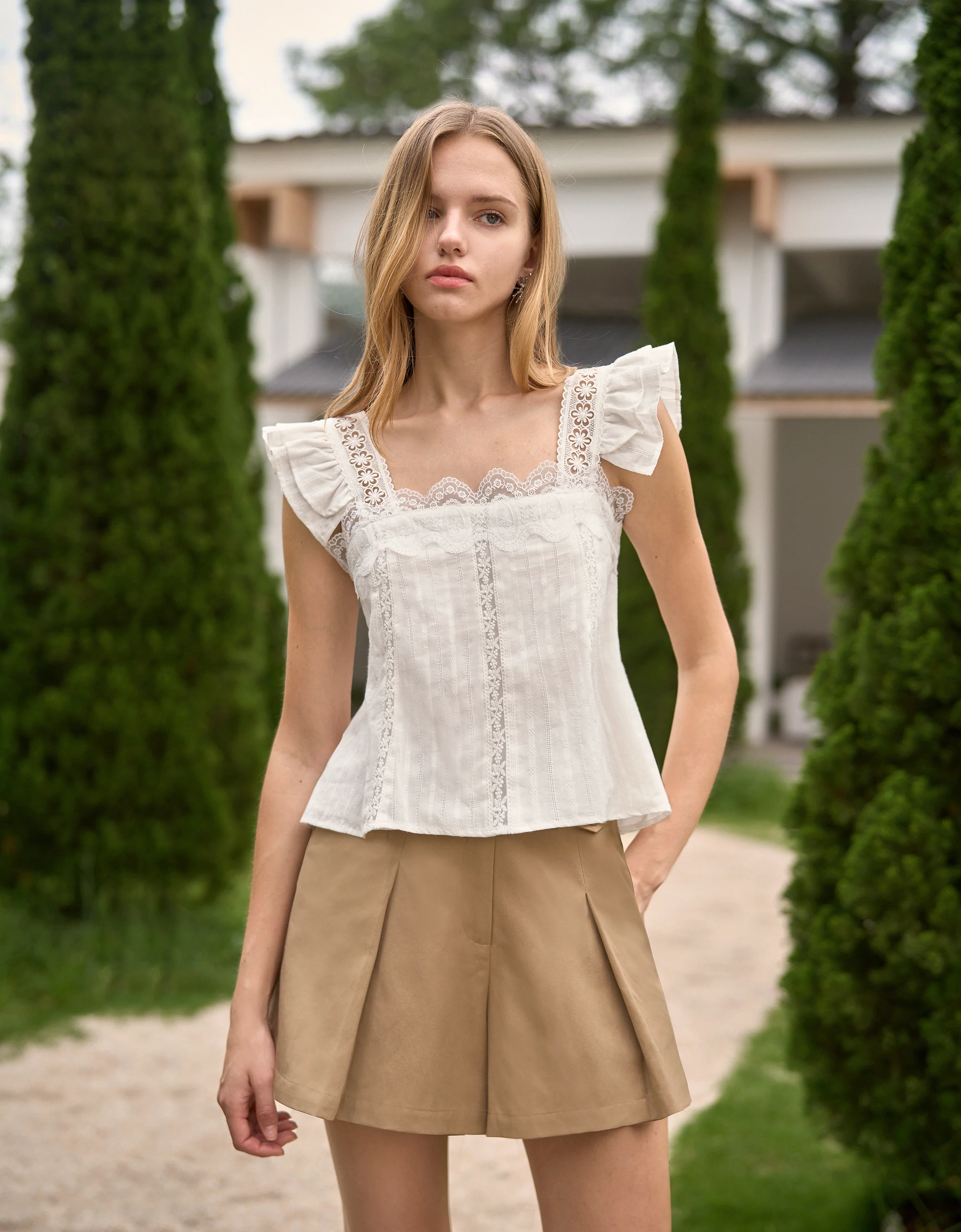 Ruffled Sleeves Lace Trim Embroidered Top