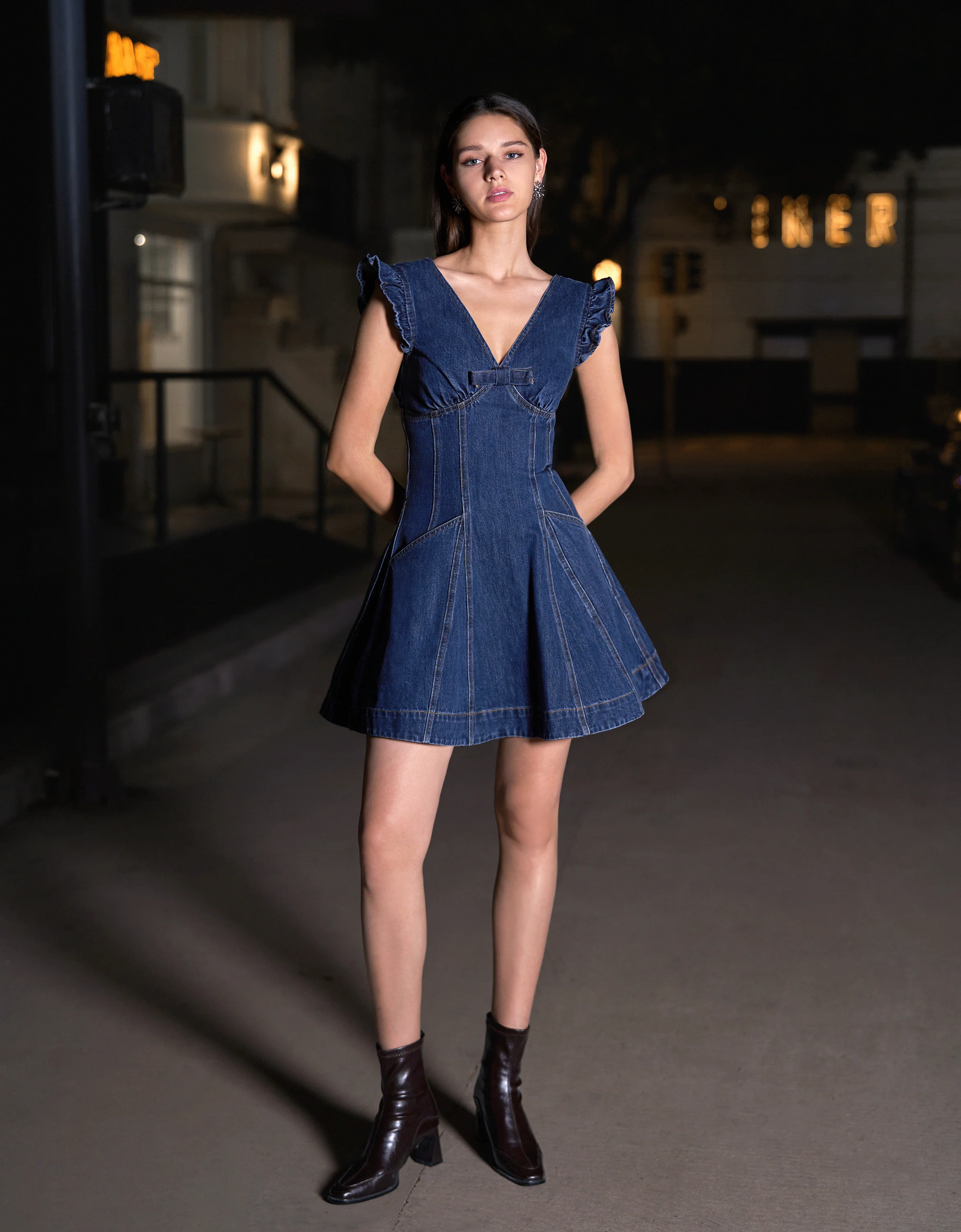 Ruffled Sleeves V-neck Denim Short Dress - Image 2