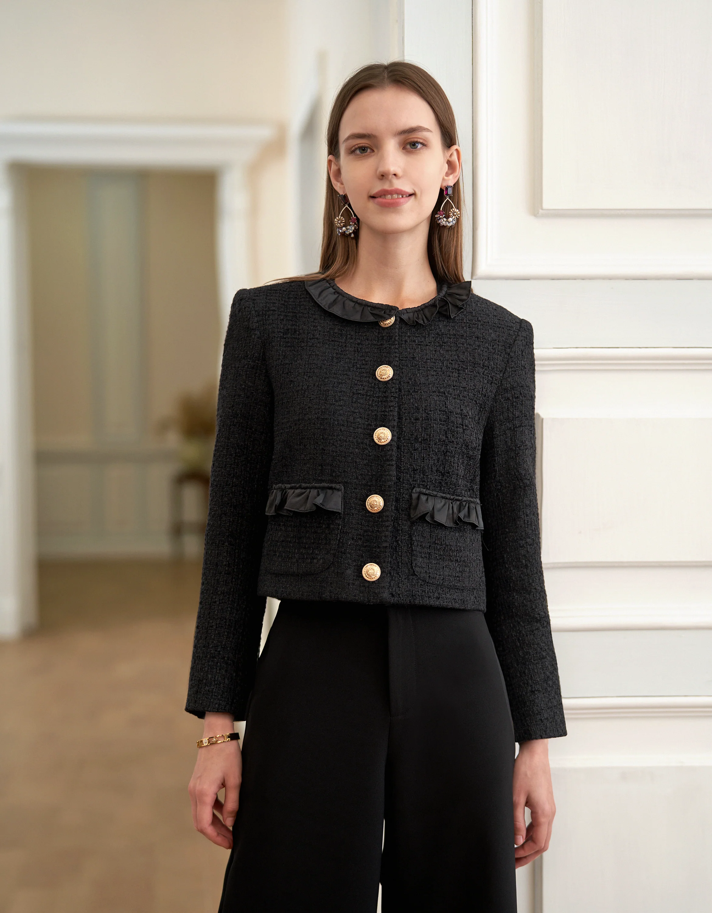 Ruffled Trims Button Front Tweed Jacket