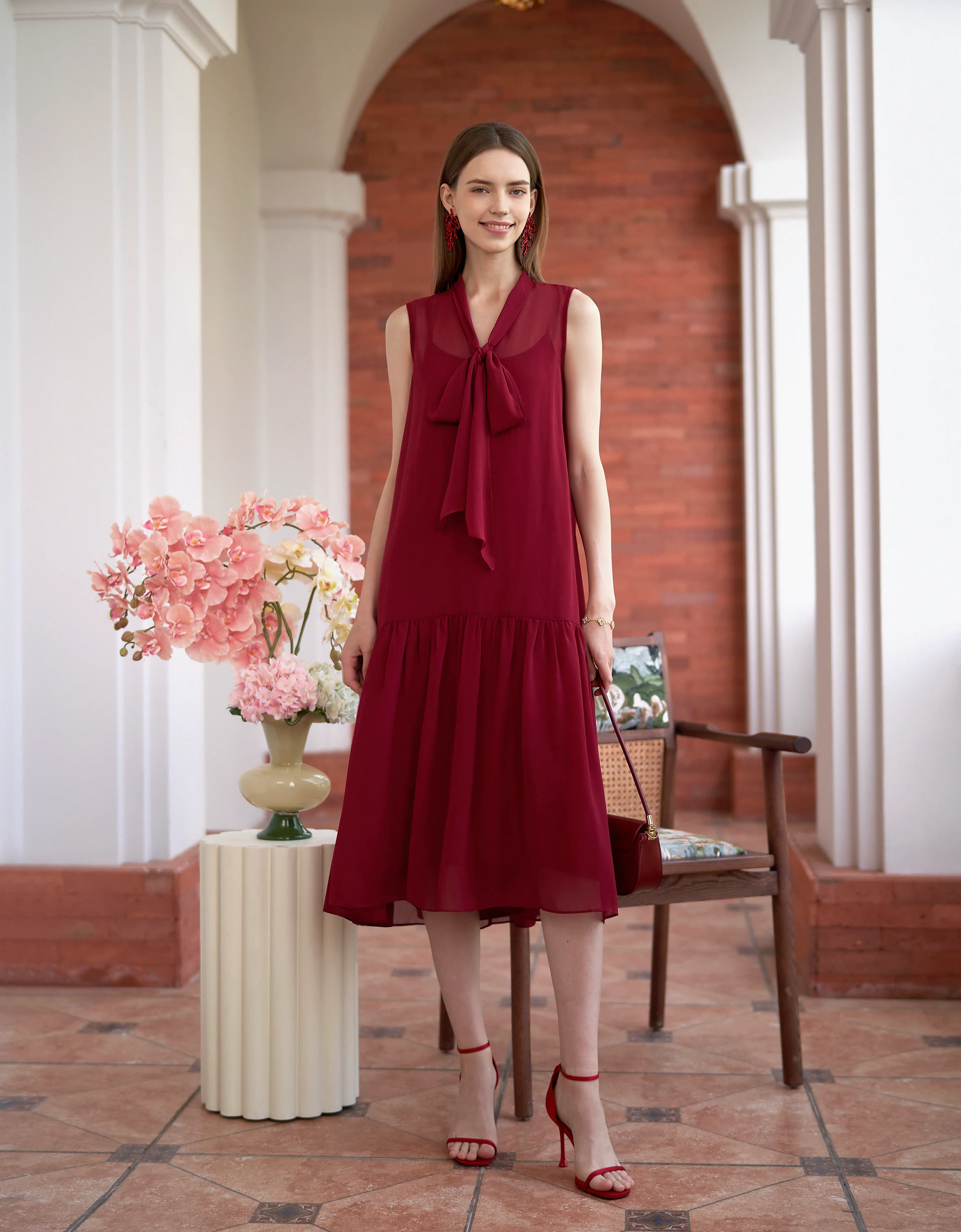 Scarf Collar V-neck Chiffon Dress - Image 10