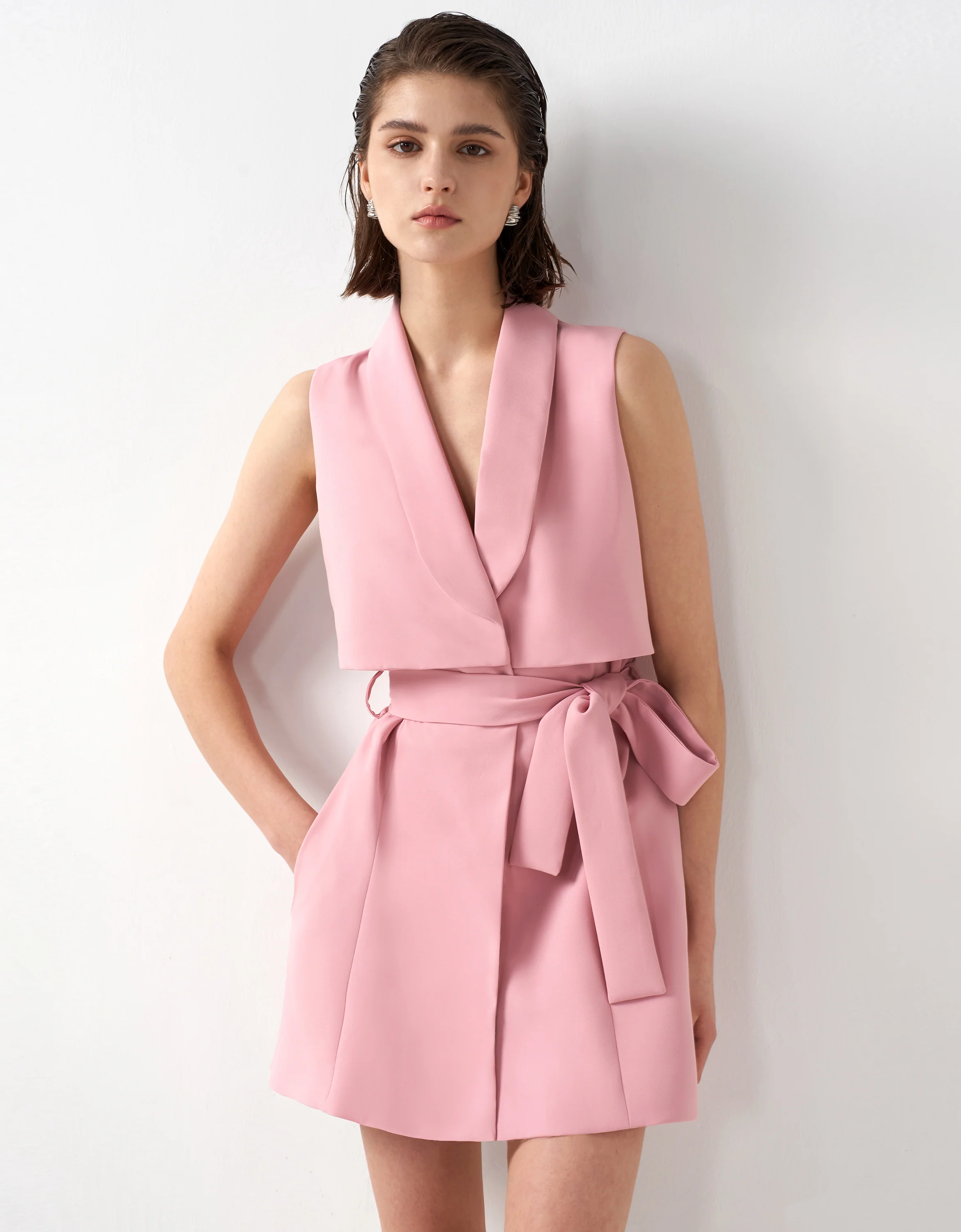 Shawl Collar Belted Waist Dress - Image 41