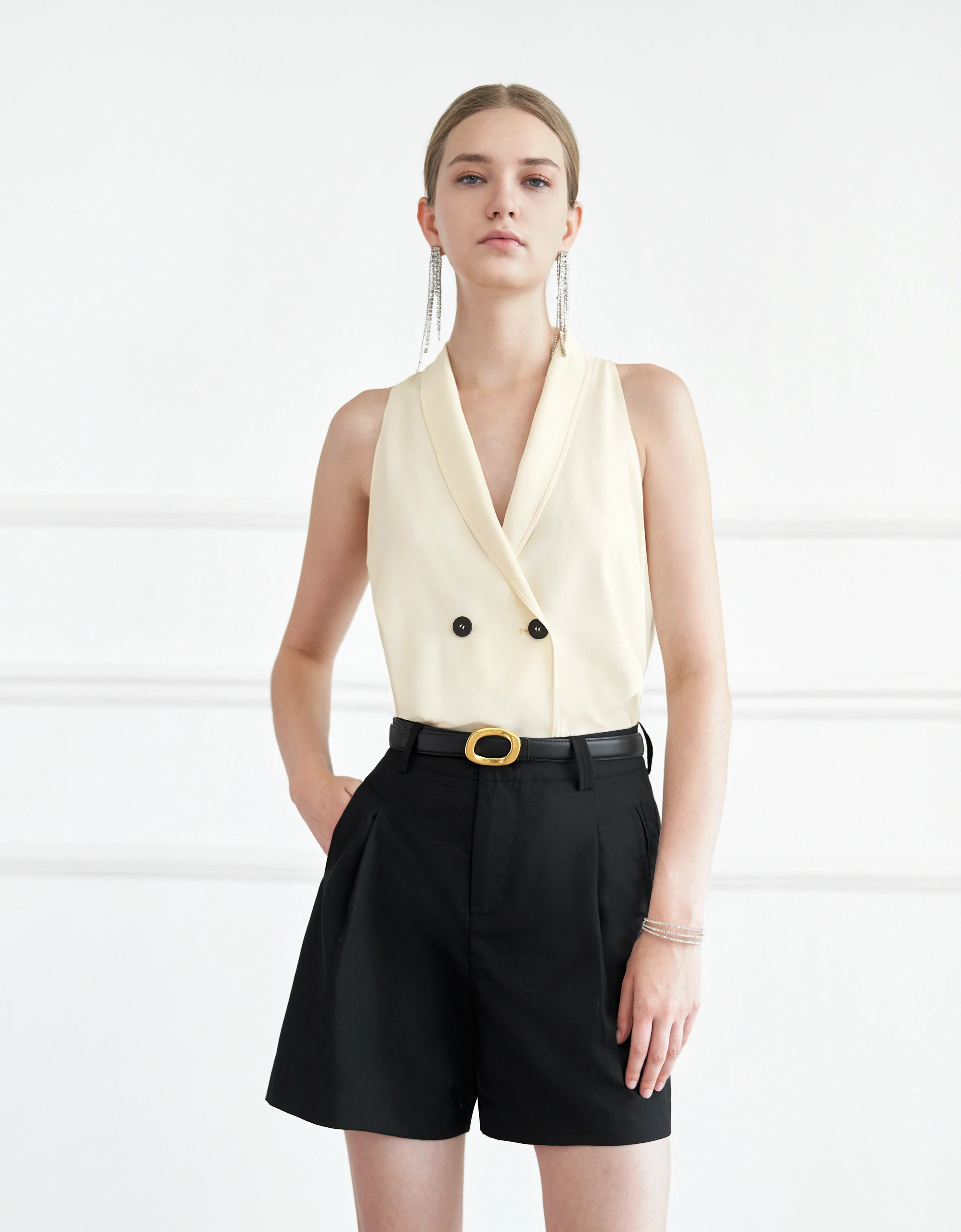 Shawl Collar Double-breasted Sleeveless Top - Image 13