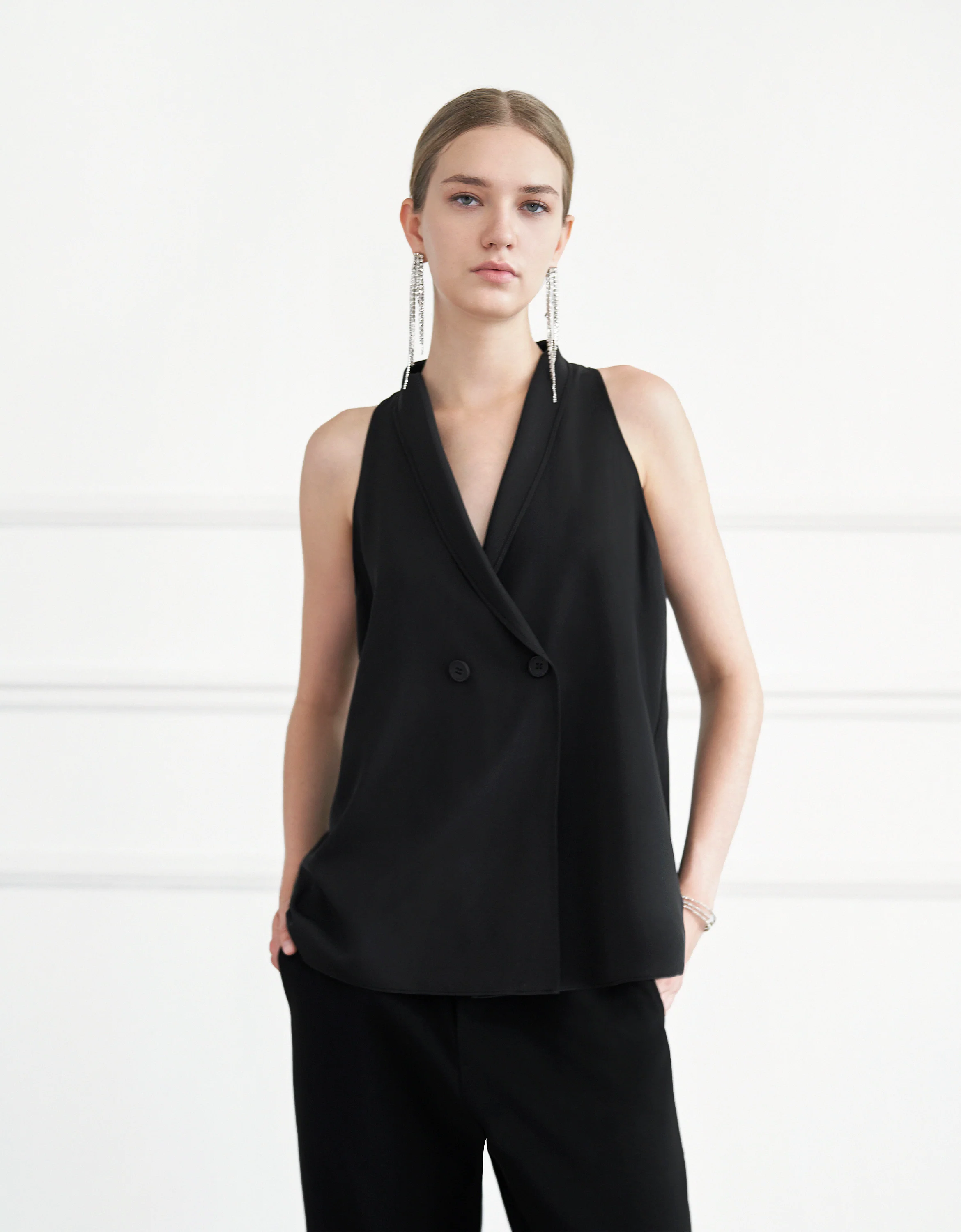 Shawl Collar Double-breasted Sleeveless Top - Image 3