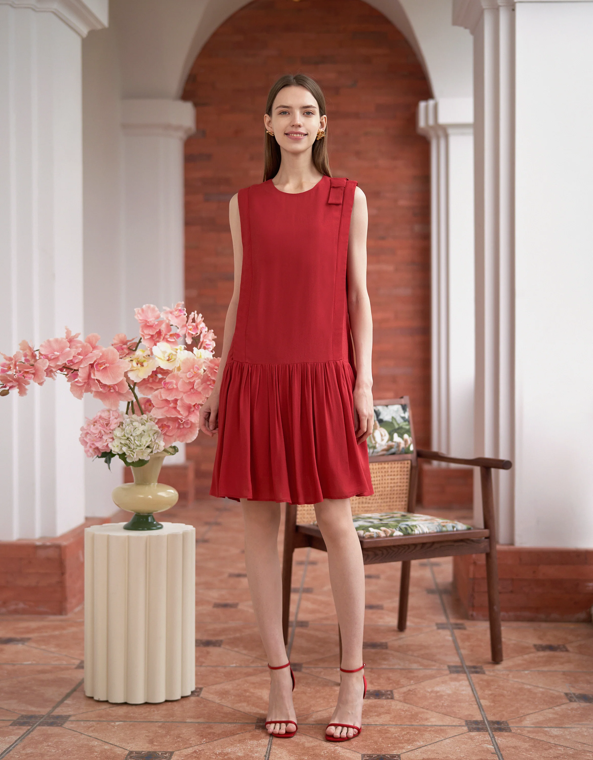 Shoulder Bow Ruffled Hem Sleeveless Dress - Image 2