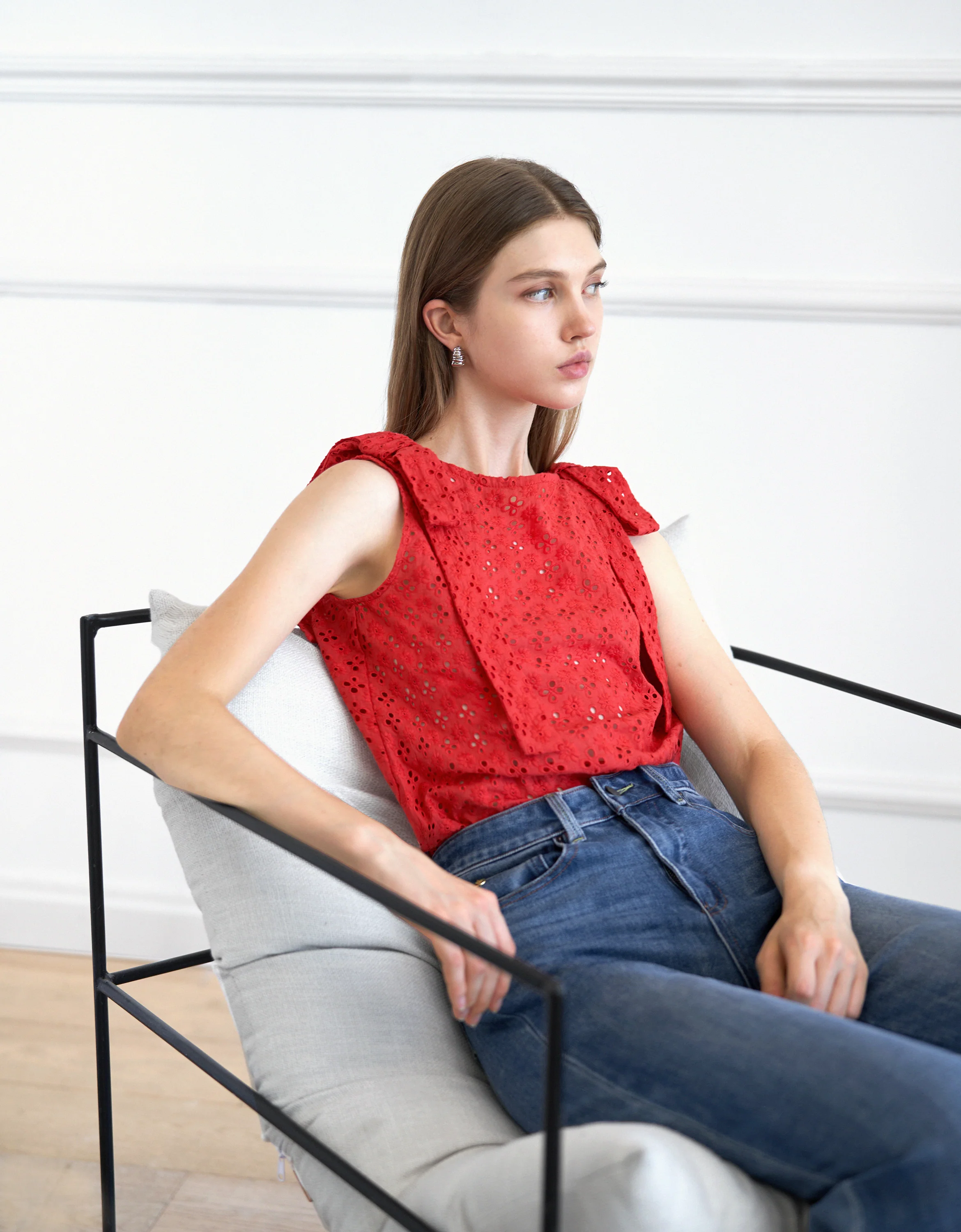 Shoulder Bows Cutwork Embroidery Top - Image 2