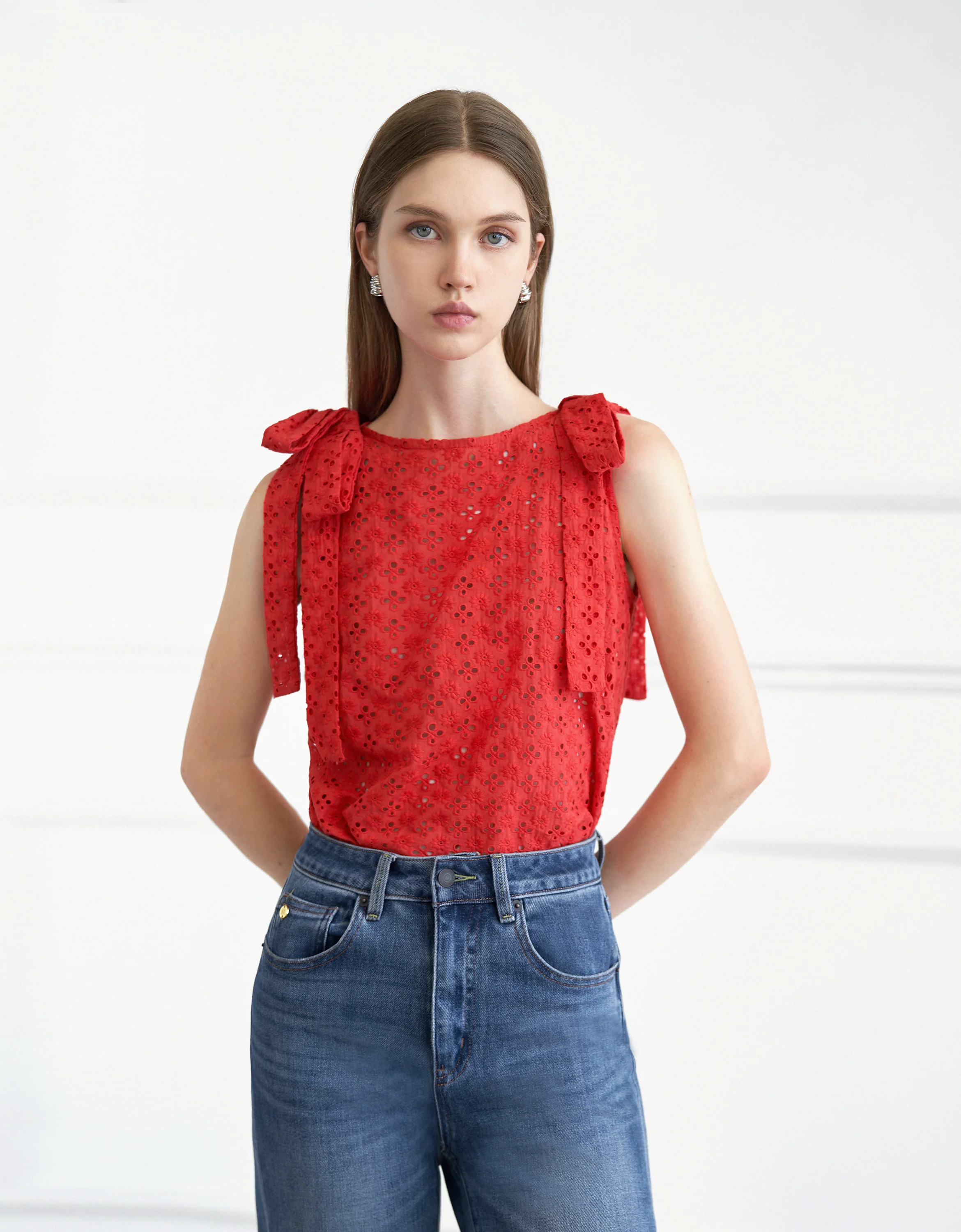 Shoulder Bows Cutwork Embroidery Top - Image 3