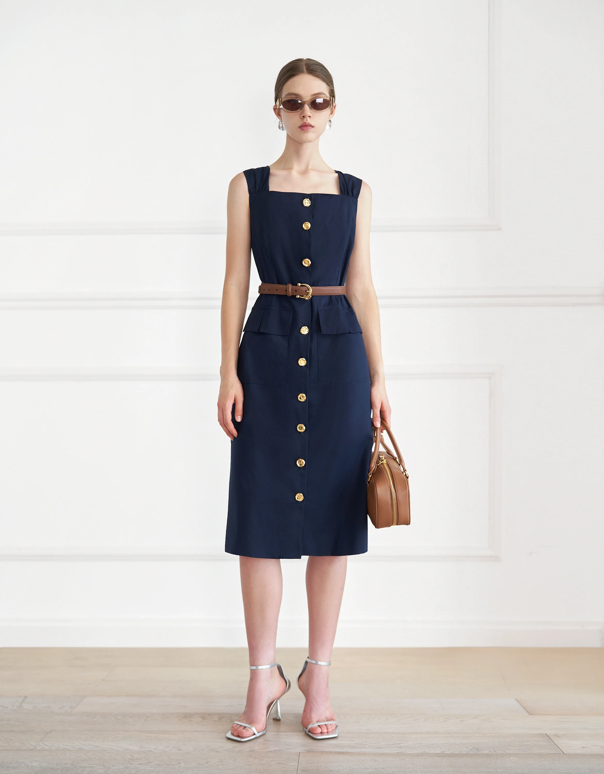 Square Neck Button Front Midi Dress