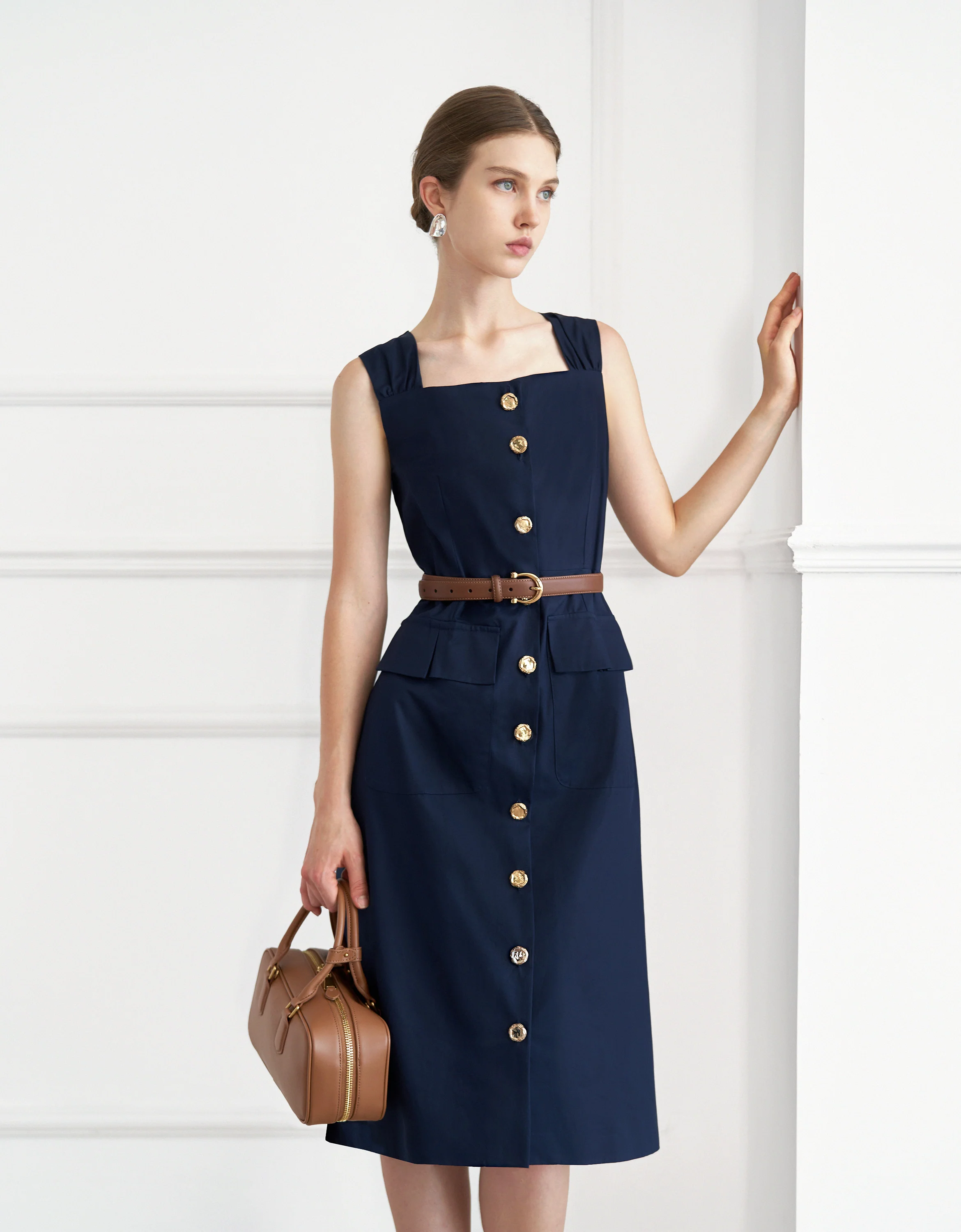 Square Neck Button Front Midi Dress - Image 2