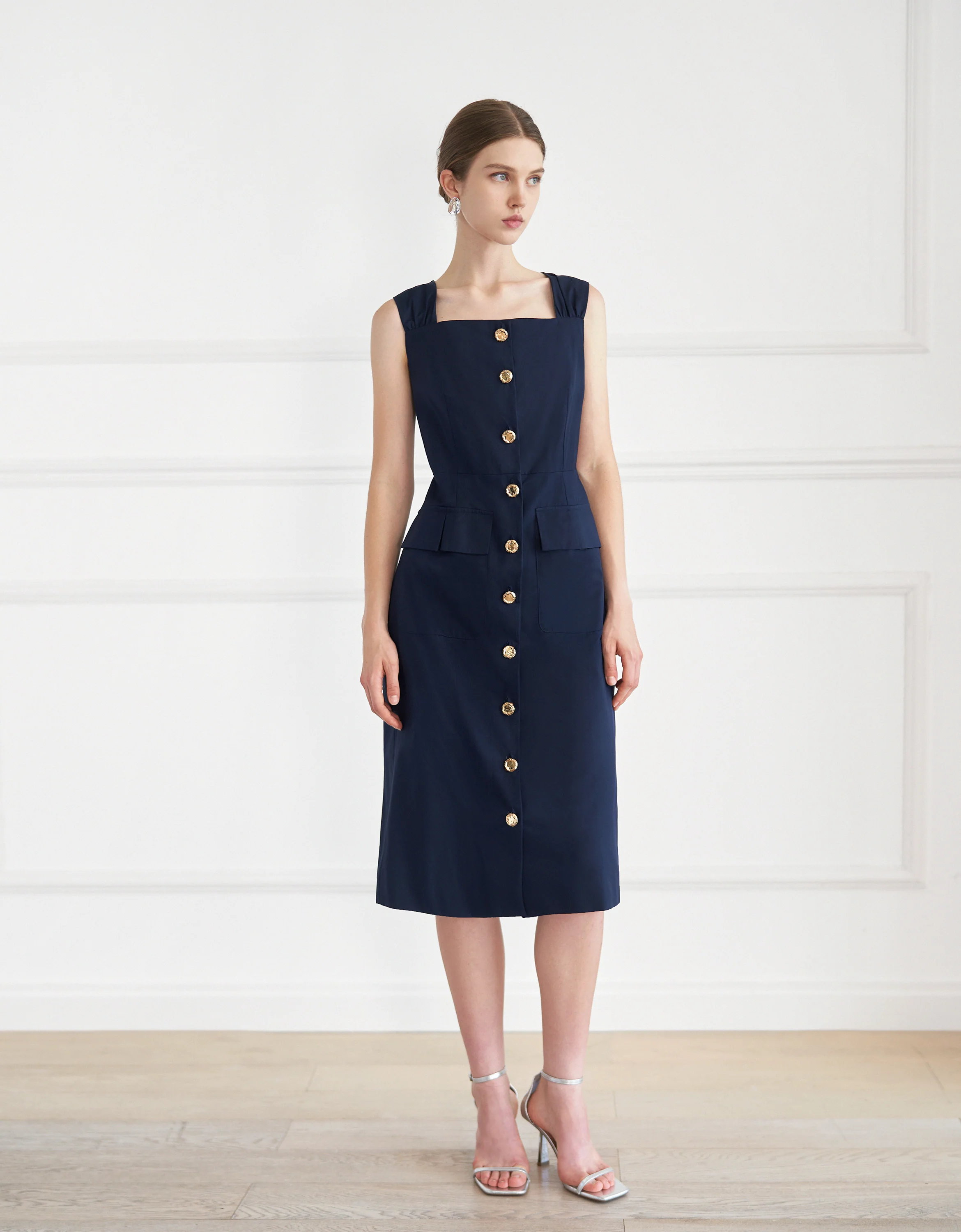 Square Neck Button Front Midi Dress - Image 4