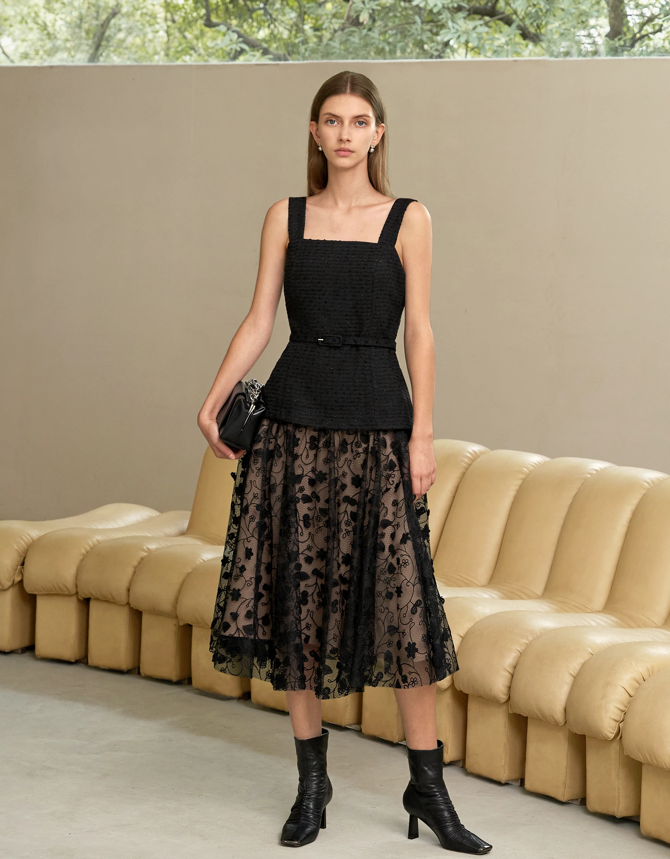 Square Neck Lace Skirt Midi Dress - Image 13