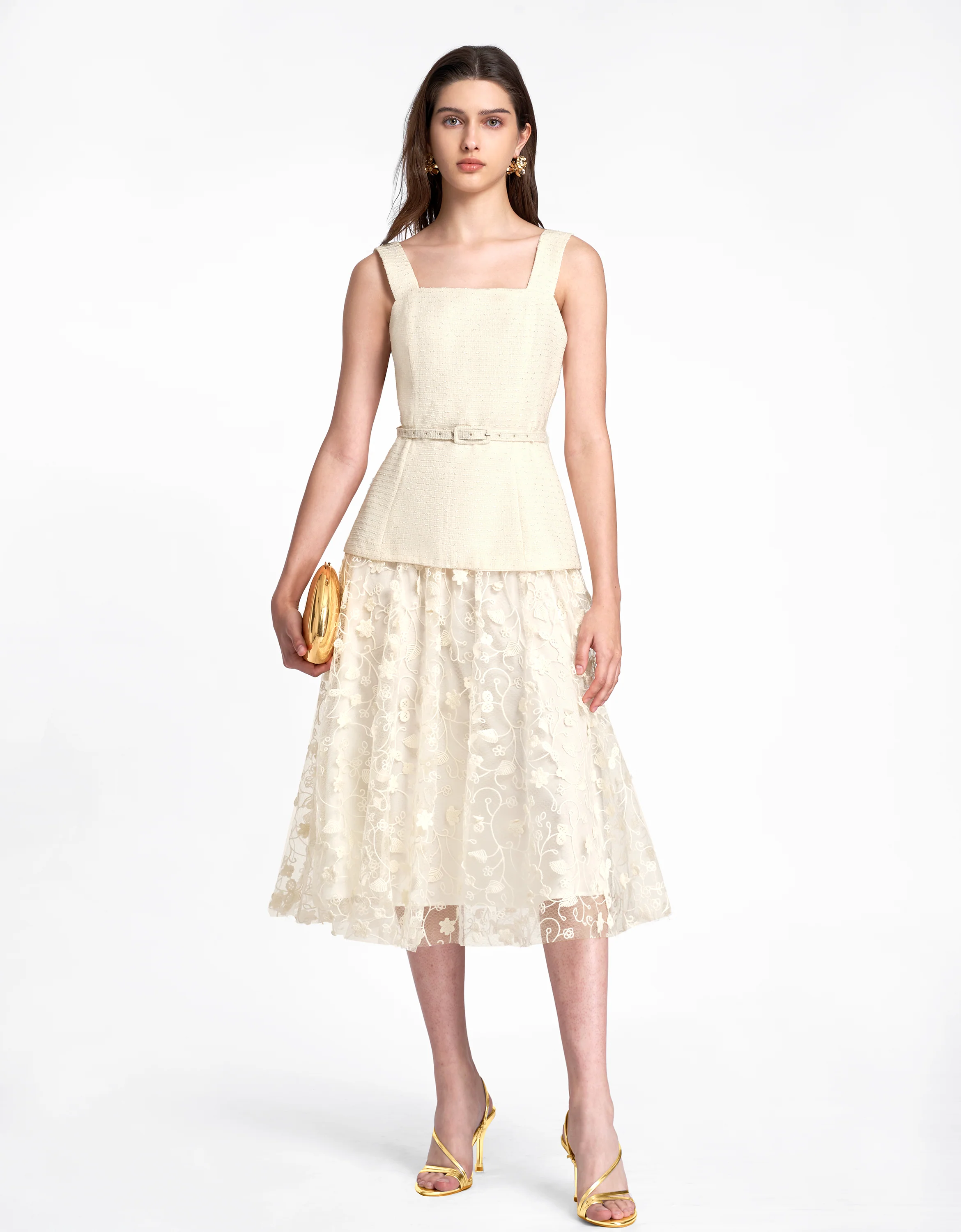 Square Neck Lace Skirt Midi Dress - Image 20