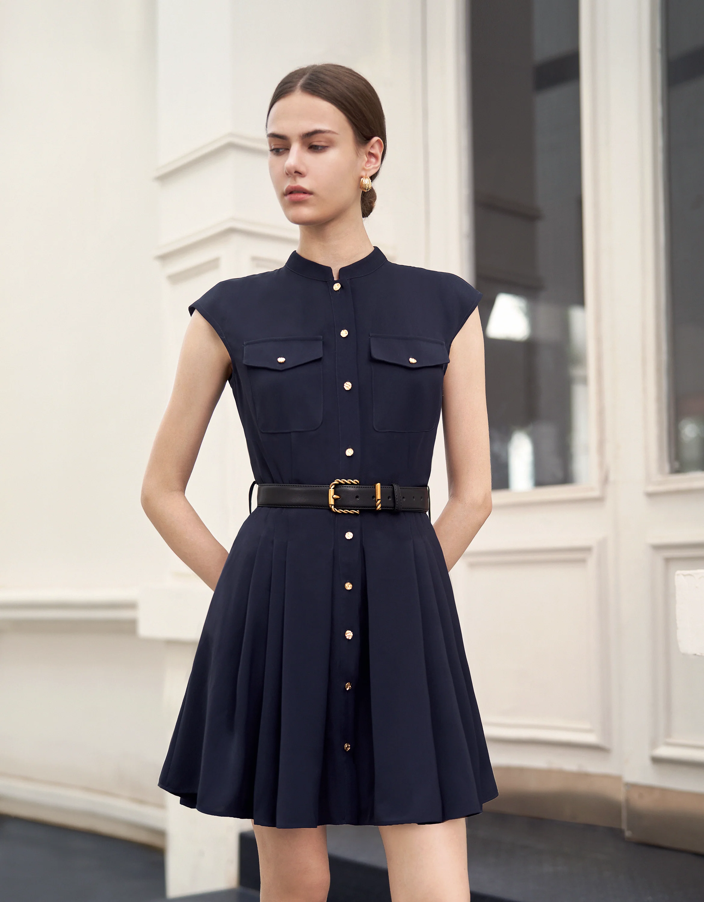 Stand Collar Pleated Shirt Dress - Image 8